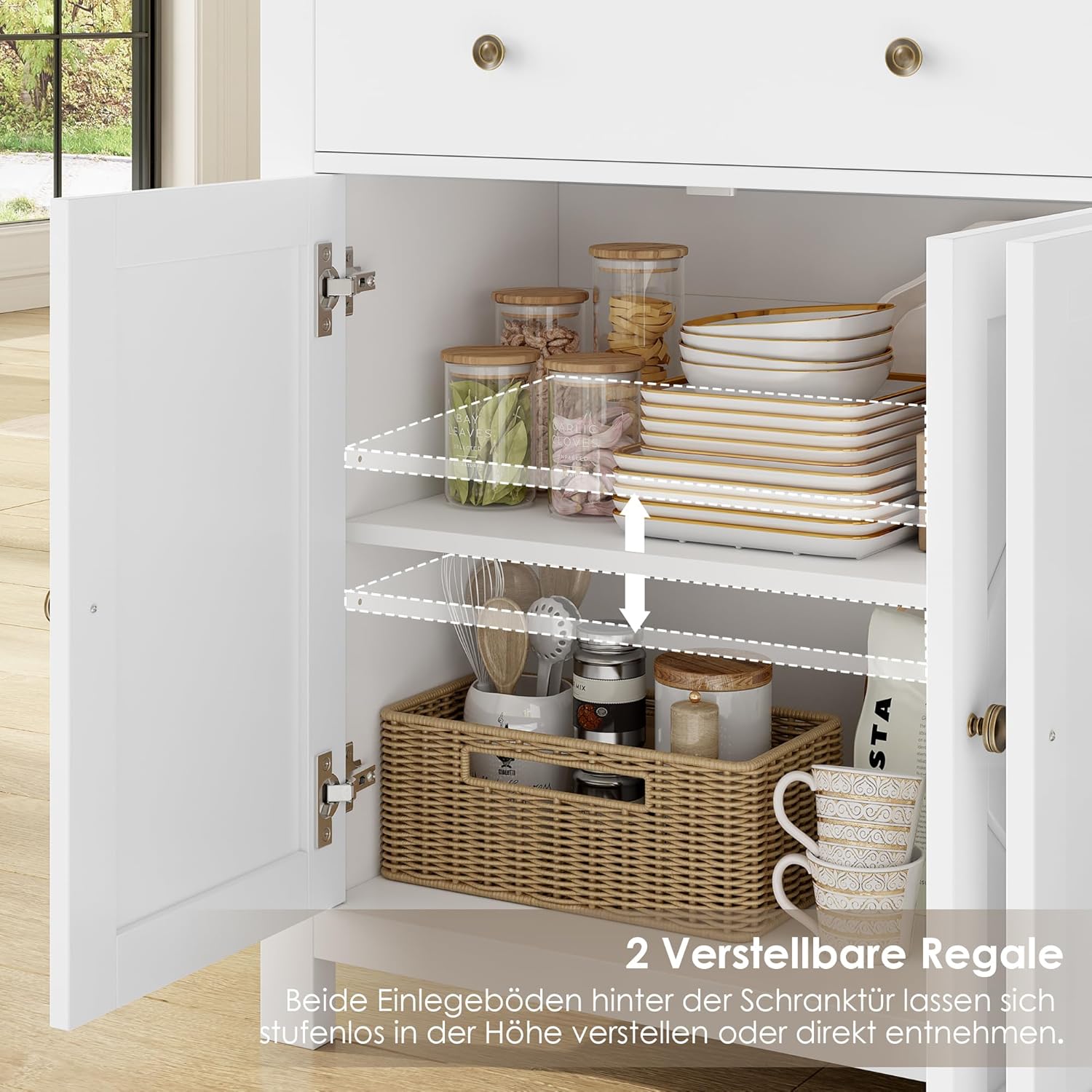 FirFurd Sideboard 140cm Breit Küchenschrank mit Arbeitsplatte Buffetschrank mit 2 Schubladen 4 Türen Küchenbuffet mit verstellbaren Ablagen für Wohnzimmer Küche Esszimmer 140x40x89 cm weiß