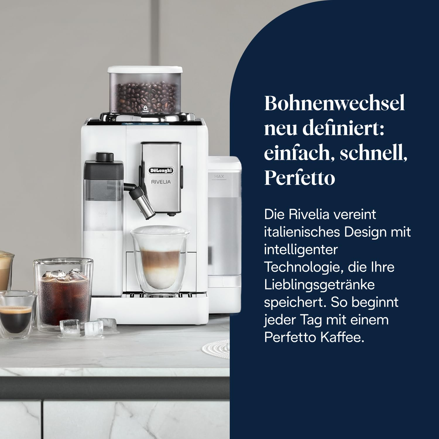 Kaffeevollautomat Rivelia 16 Getränke 1,4 l 3,5-Zoll-Touchdisplay austauschbare Bohnenbehälter LatteCrema Milchsystem Weiß