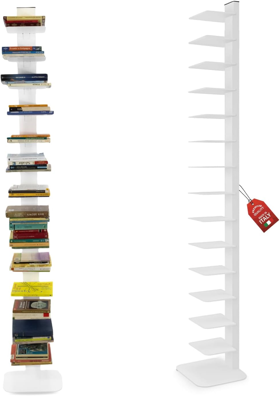 MOHOME Libreria Verticale a Colonna da Terra Sospesa Bianca Premium Quality Made in Italy 14 Ripiani Mensola 20 x 15 cm Stretta e Alta 214 cm Finitura Metallo Biblioteca Salvaspazio Soggiorno Cucina