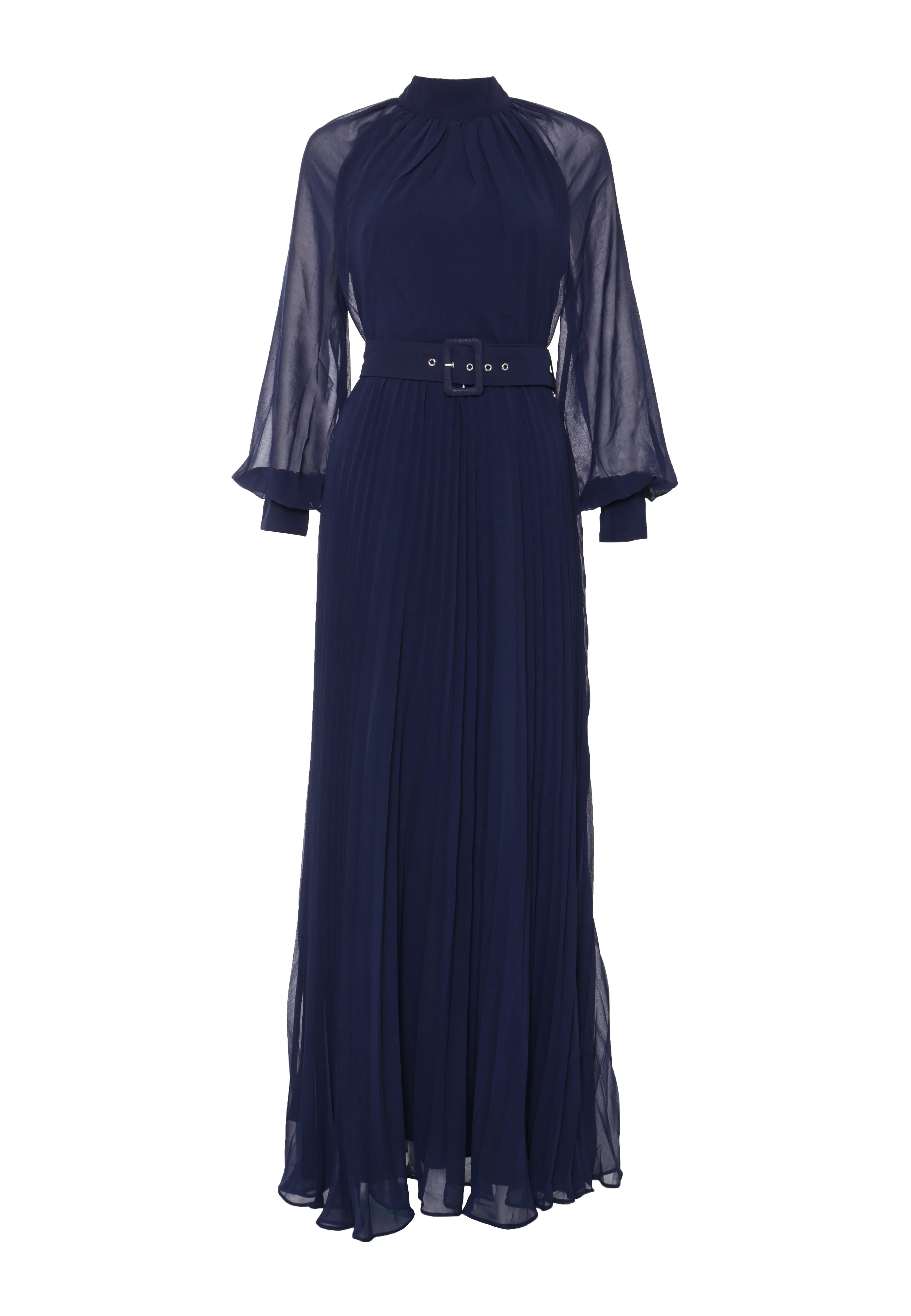 Mabel Navy Belted Pleated Long-Sleeve Maxi-Dress