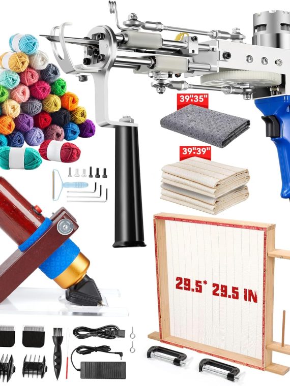 Riiai Tufting Gun Starter Kit 2024 &ndash; Includes Frame 29.5&prime;&prime;x29.5&prime;&prime;, Cut & Loop Pile Gun, 200W Carpet Trimmer &ndash; Blue/Mahogany