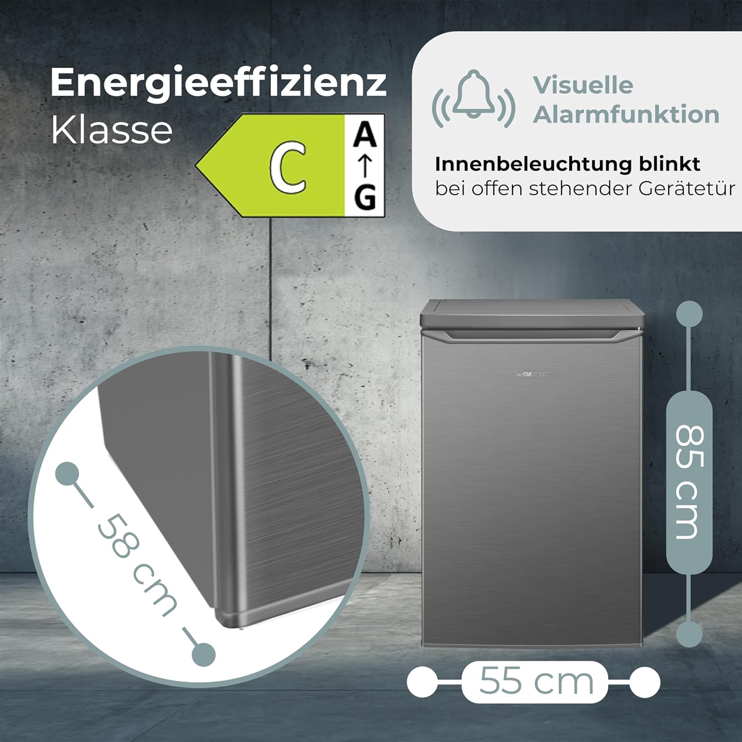Clatronic Kühlschrank mit Gefrierfach Energieklasse C 85cm Kühl schrank klein leise 37dB Türanschlag wechselbar 0°C - 8°C 109L Fridge kleiner Kühl-schrank KS 101 inox