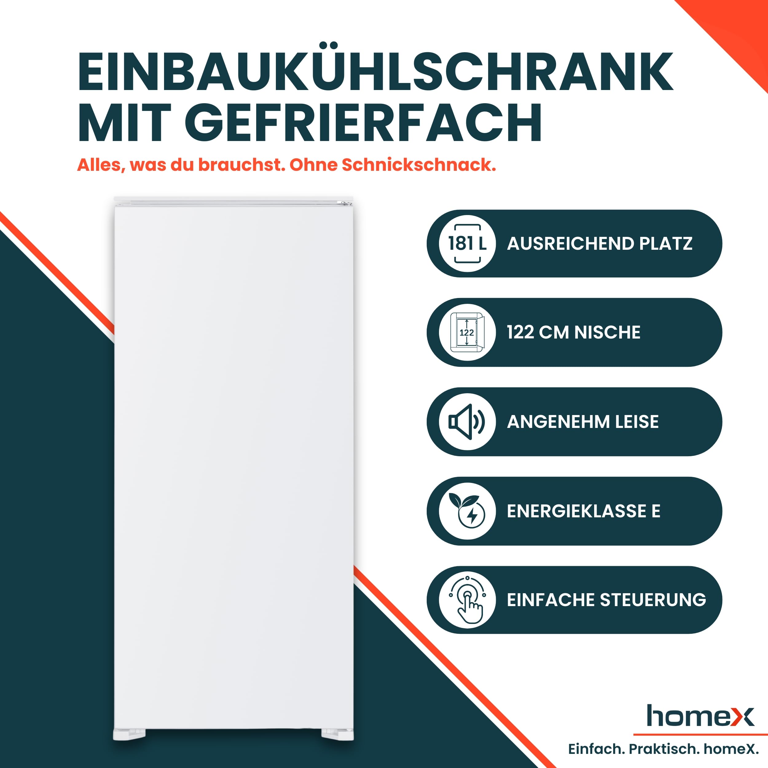 Einbaukühlschrank mit Gefrierfach 181 Liter, 122 cm Nische, 167 L Kühlraum und 14 L Gefrierraum, Schlepptürtechnik