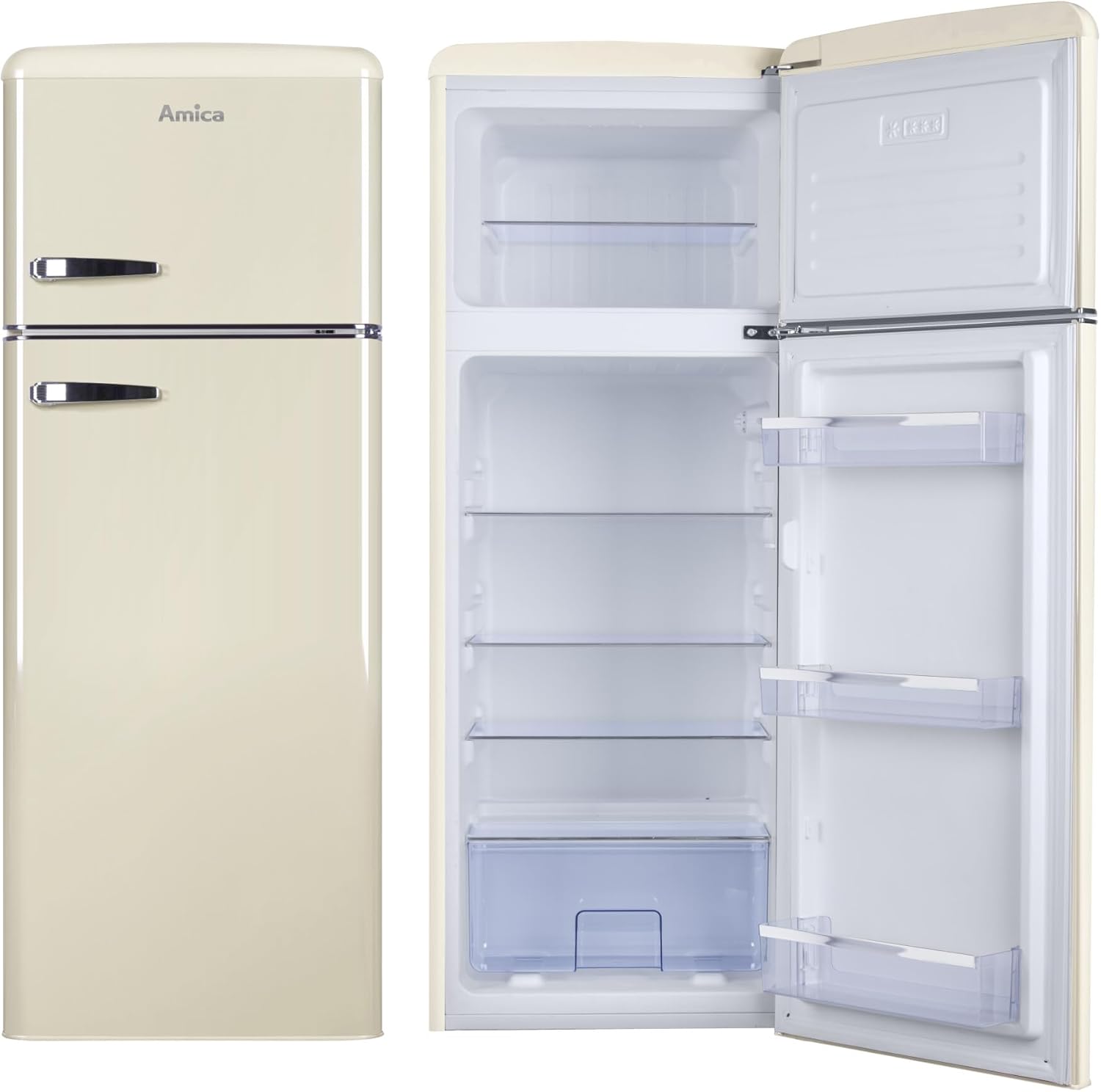 Amica KS 15615 B Retro Kühlschrank mit Gefrierfach / Coffee Cream (Beige) / 88cm (H) x 55cm (B) x 62cm (T) / Retro-Design
