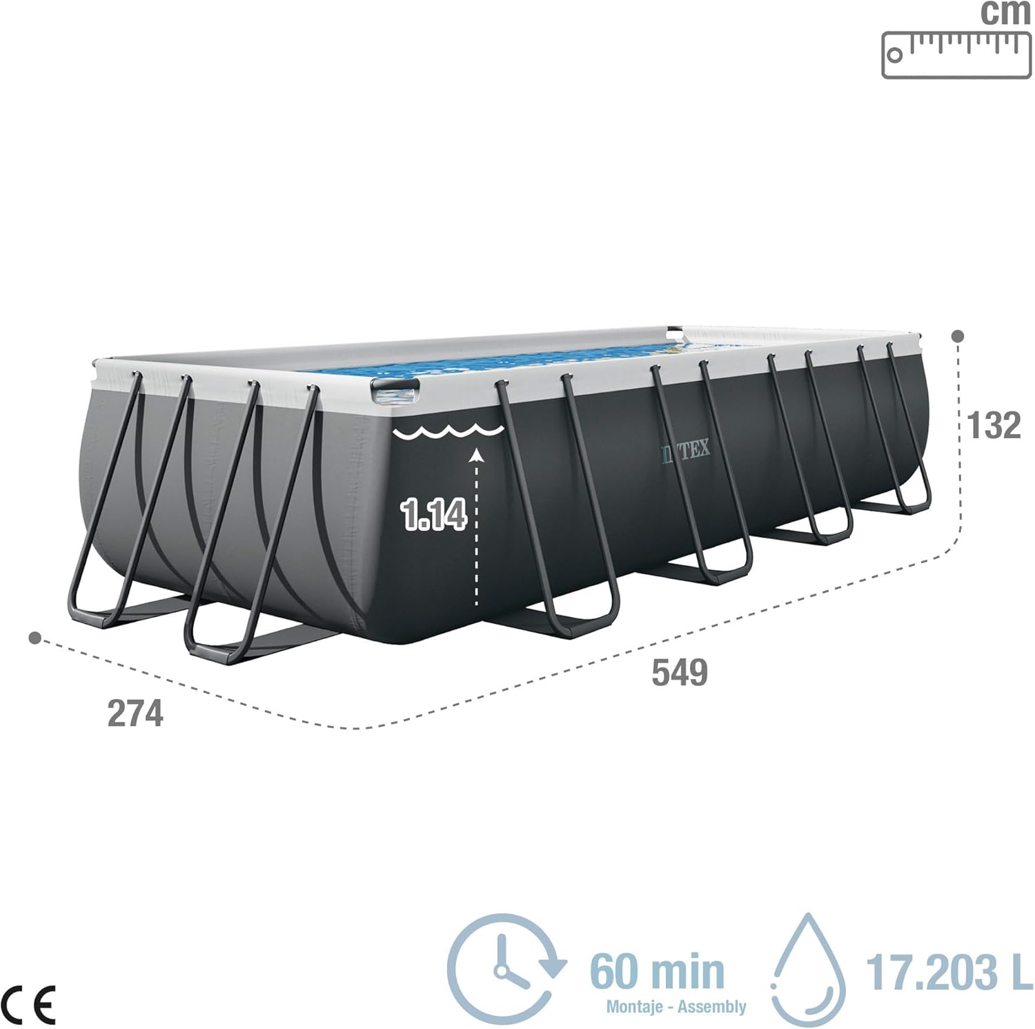 Intex 26356NP – Piscina Fuori Terra Ultra XTR Frame Rettangolare, Pompa Filtro 5700 L/h, Scaletta, Telo Base e Copertura, 17203 L, Acciaio e PVC, Grigio, 549x274x132 cm