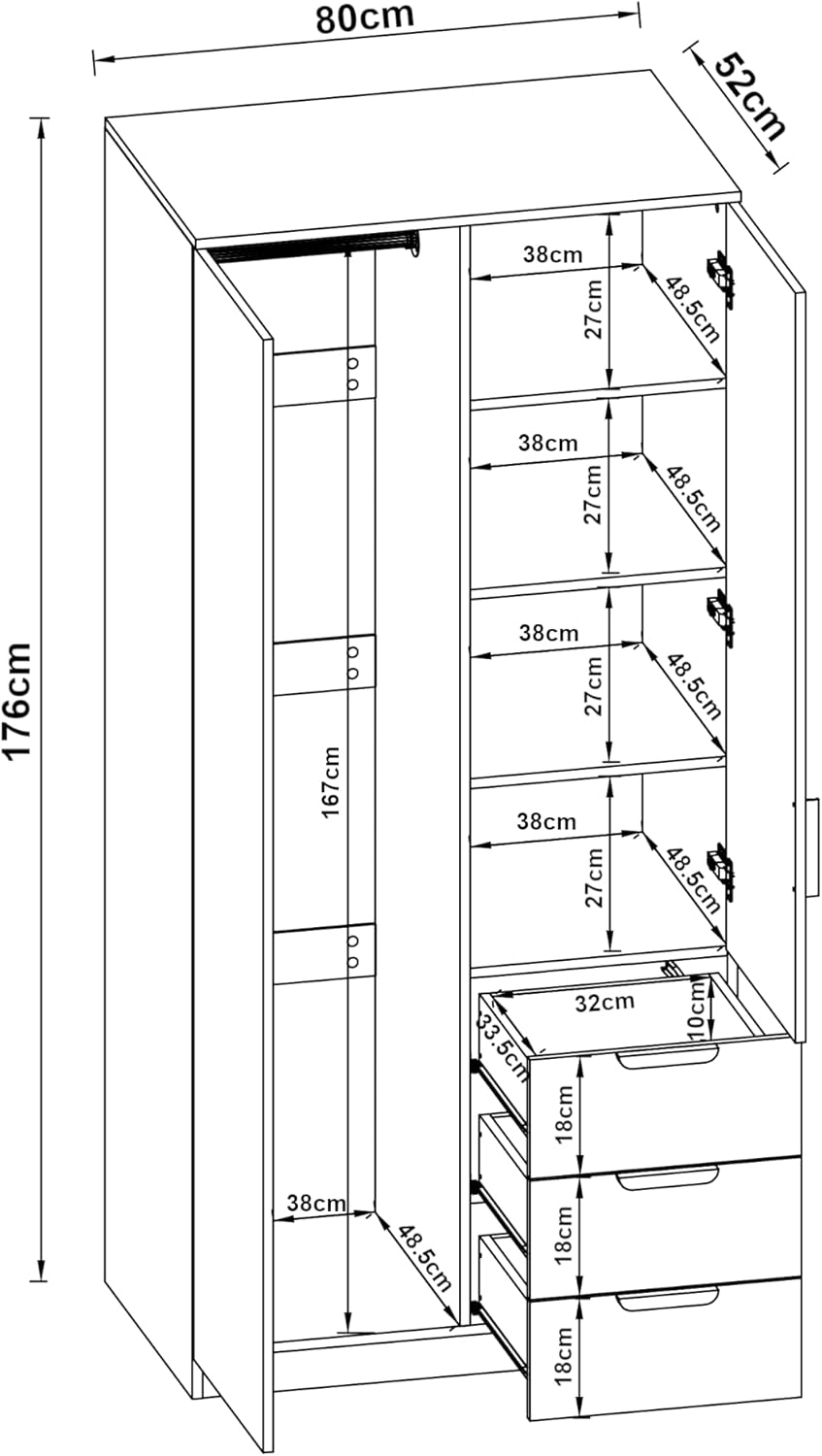 [en.casa] Wardrobe for Bedroom Closet with Doors 4 Compartments Coat Rack 3 Drawers 176 x 80 x 52 cm Oak Effect