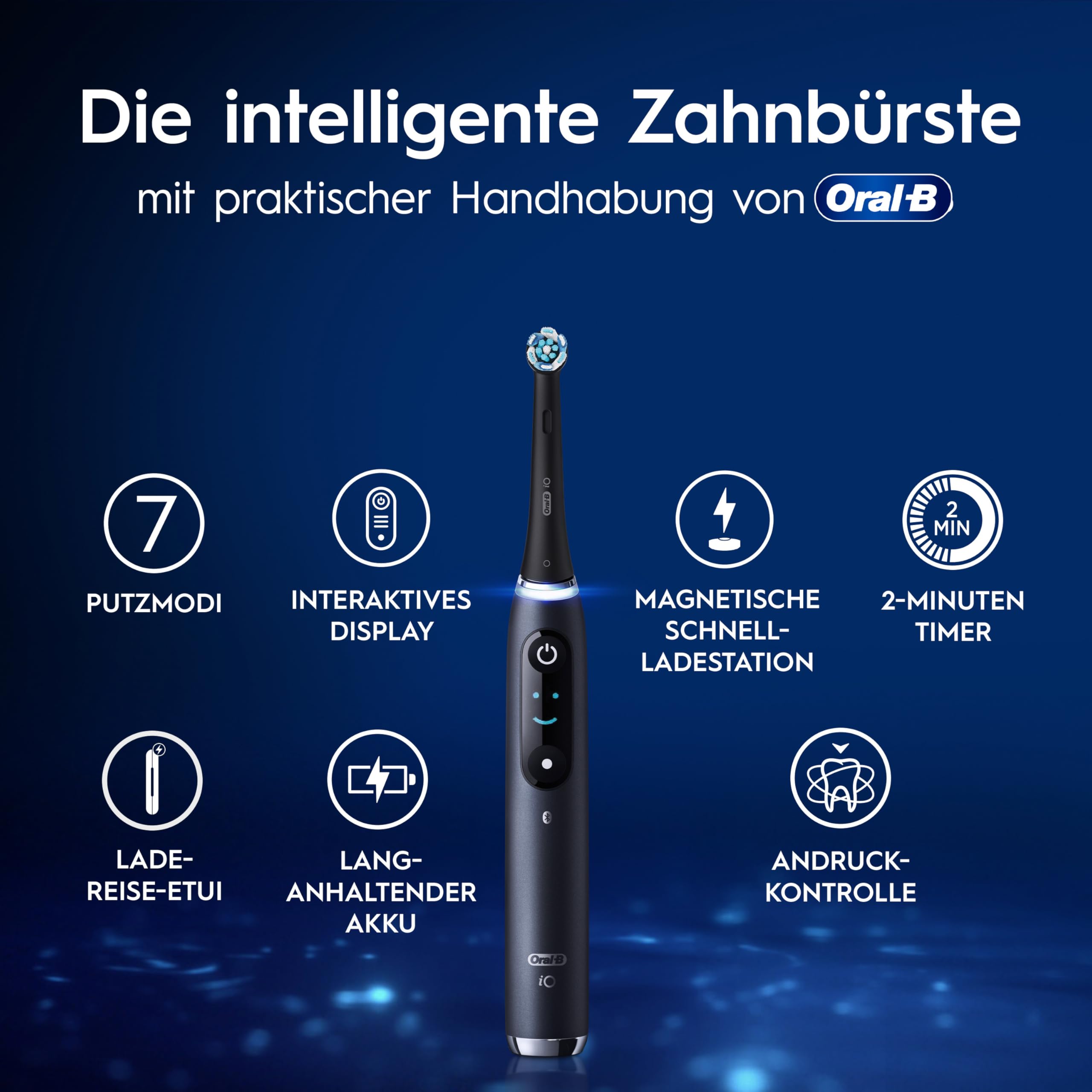 Elektrische Zahnbürste iO Series 9 mit 7 Putzmodi, 3 Aufsteckbürsten, Lade-Reise-Etui und Ladestation in Schwarz