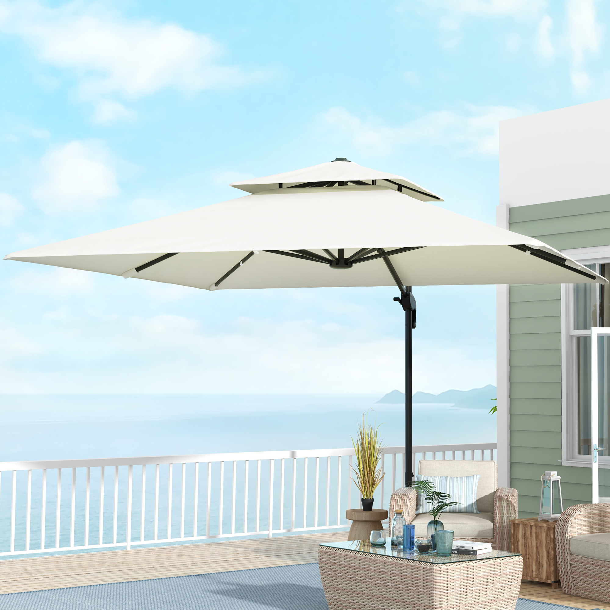 Outsunny Versetzter quadratischer Sonnenschirm 3 x 3 m mit doppeltem Dach, neigbar, schwenkbar, Kurbel, inkludiertes Gegengewicht, Metall, Polyester Beige