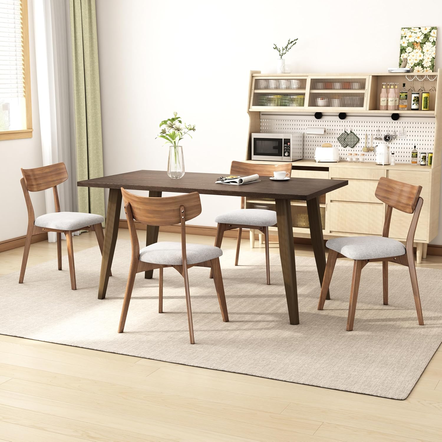 Dining Chairs Set of 4, Mid Century Modern Dining Chairs with Curved Backrest and Wood Legs, Walnut Finished Frame Upholstered Dining Room Chairs for Kitchen, Living Room (Light Beige)