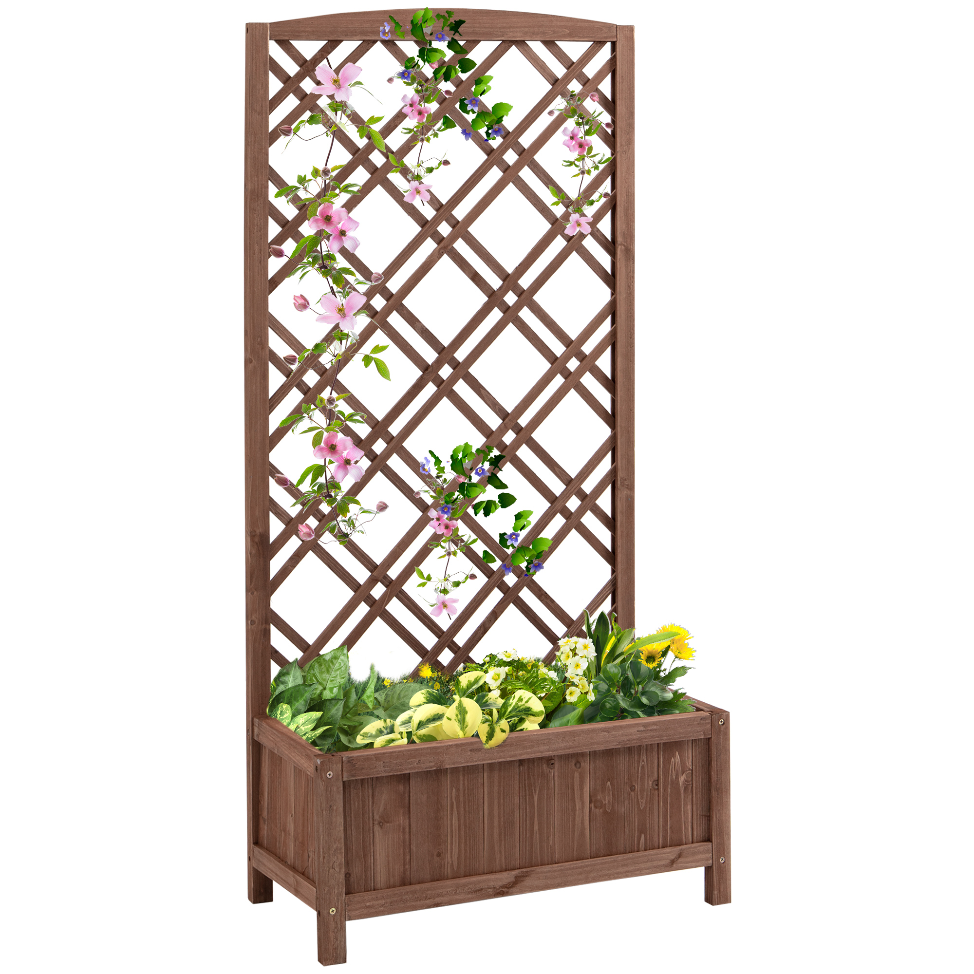 Outsunny  Hochbeet Blumenständer Garten Pflanzkasten mit Rankgitter Holz Rankkasten Gelb 60 x 30 x 122,5 cm