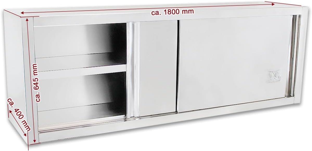Beeketal 'BWS180' Gastro Küchen Wandhängeschrank aus Edelstahl mit auf Rollen gelagerte Schiebetüren, Hängeschrank mit fest verbautem Einlegeboden - Außenabmessungen (L/B/H): ca. 1800 x 400 x 645 mm