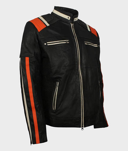 Mens Cafe Racer Striped Black Retro Biker Jacket