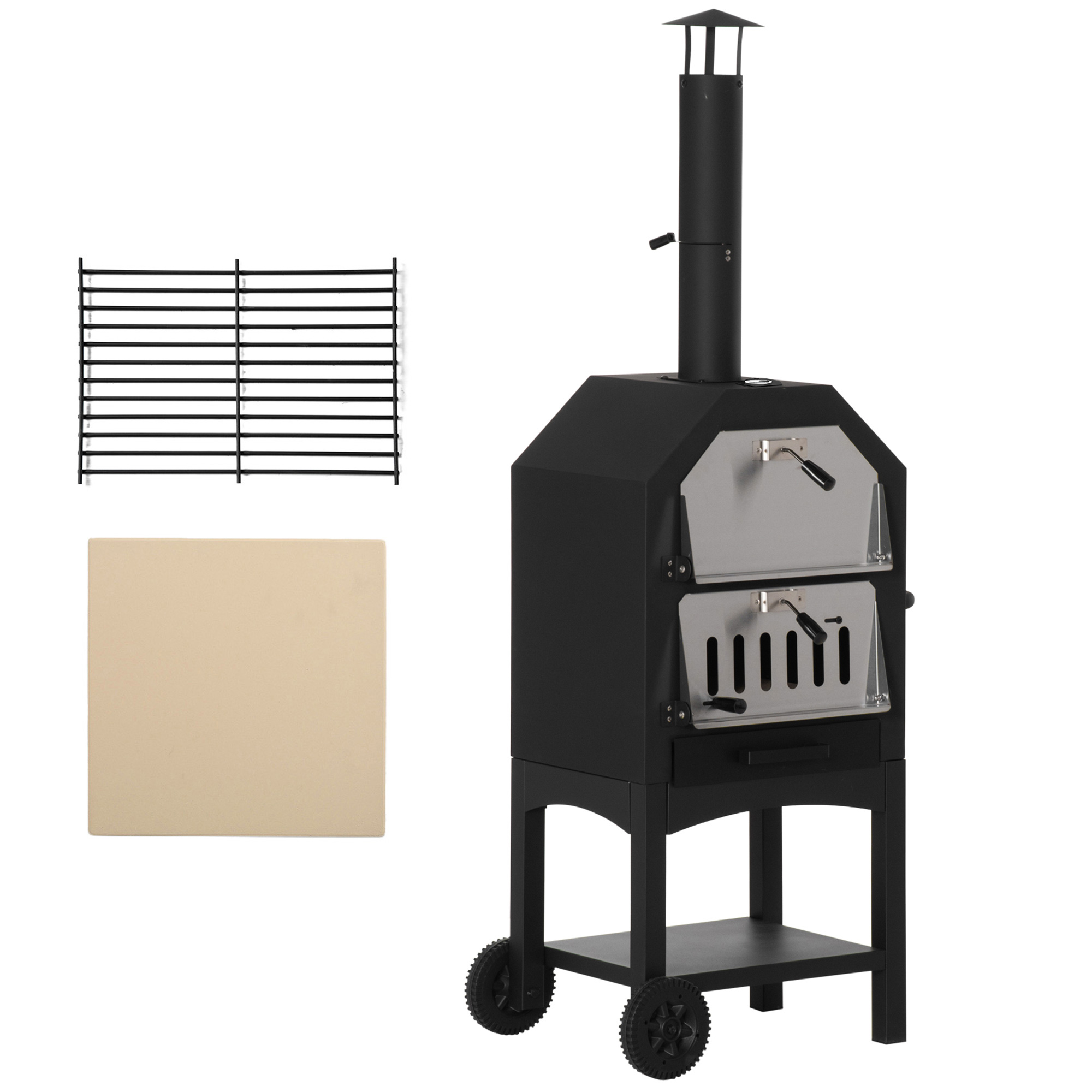 Outsunny Holzbackofen mit 2 Ebenen im Freien mit Rädern Schublade Ablagefläche 64x54x160 cm Schwarz