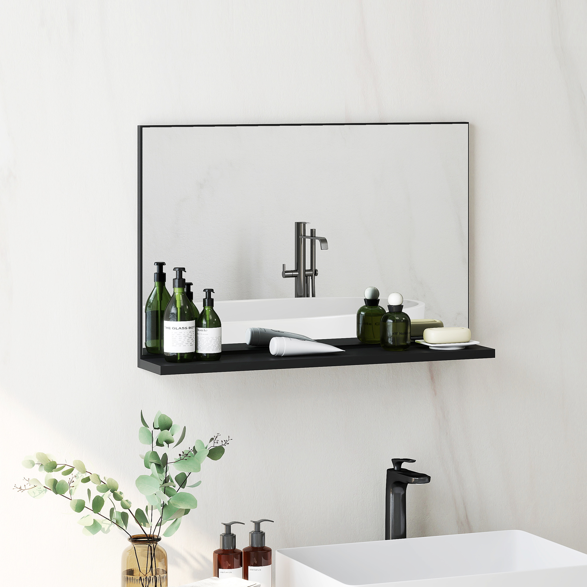 kleankin Badezimmerspiegel mit Regal Design Modern und Multifunktional an der Wand, 60x12x40 cm, Schwarz