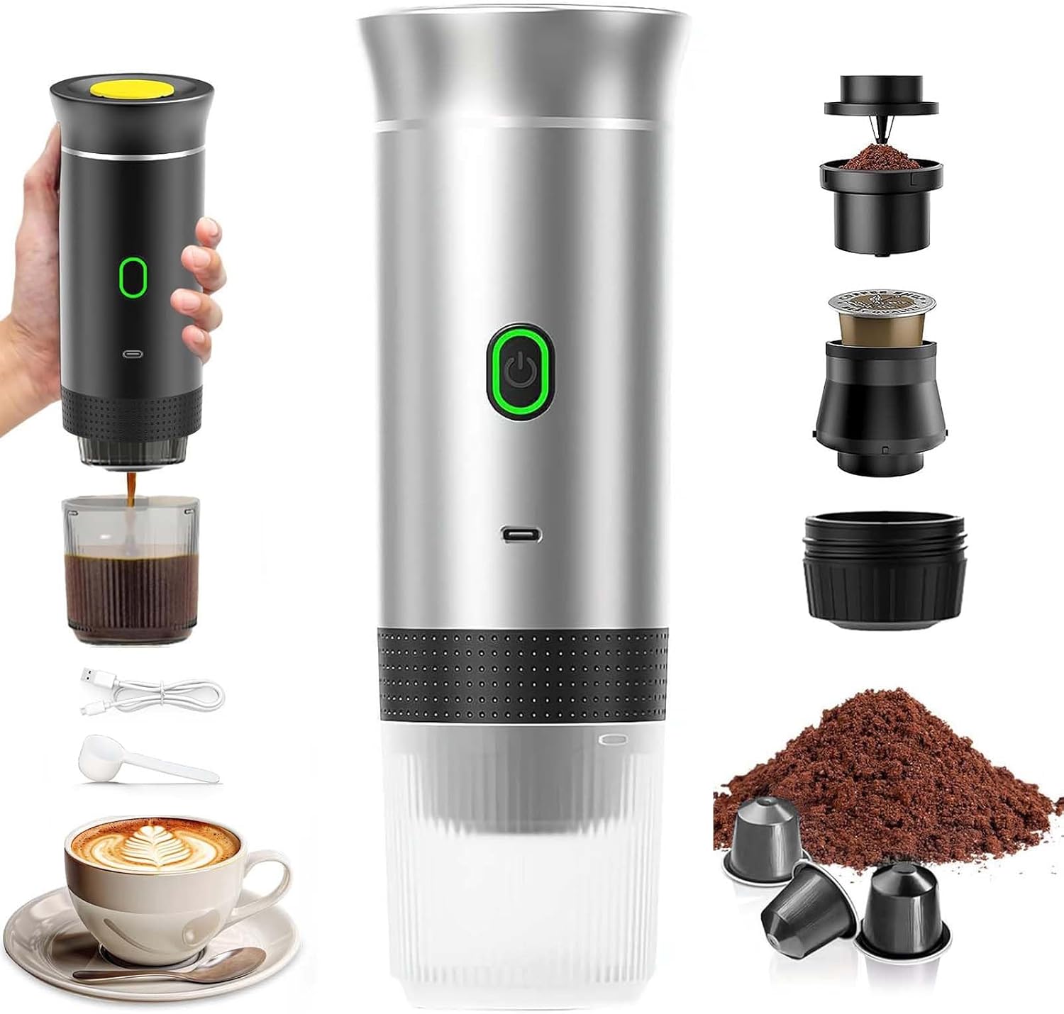 PZCC Portable 12V Rechargeable Espresso Coffee Maker with Storage Bag Quick Heating Camping Car Coffee Maker Compatible with K-Cup Capsules, Ground Coffee Travel (Black)