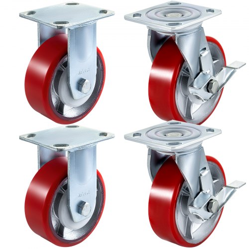 VEVOR 4er-Pack Lenkrollen, Polyurethan, 15,2 x 5,1 cm, auf Stahlradbremse (2), starr (2)