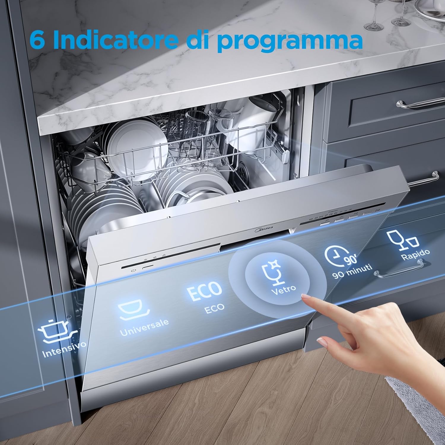 Midea MFD60S200X.1-IT Dishwasher Freestanding with 14 Places, 8 Programs, LED Display, Delay Start, Half Load Function, Extra Drying - Stainless Steel