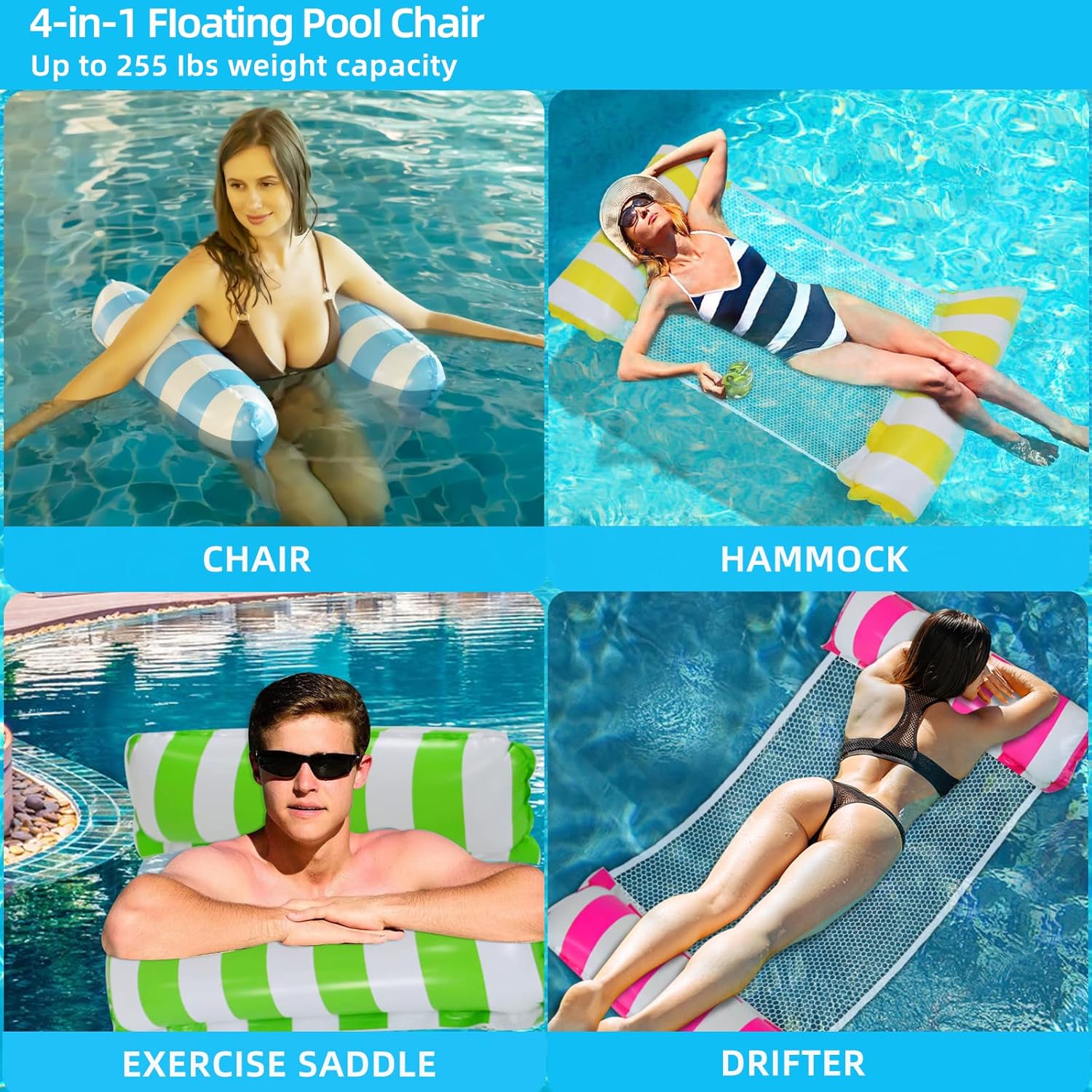 Galleggianti gonfiabili per piscina per adulti, 2 pezzi 4-in-1 Gonfiabili per piscina con amaca gonfiabile multiuso (sella, poltrona, amaca, drifter) Sedia da piscina con pompa d'aria manuale per piscina sulla spiaggia