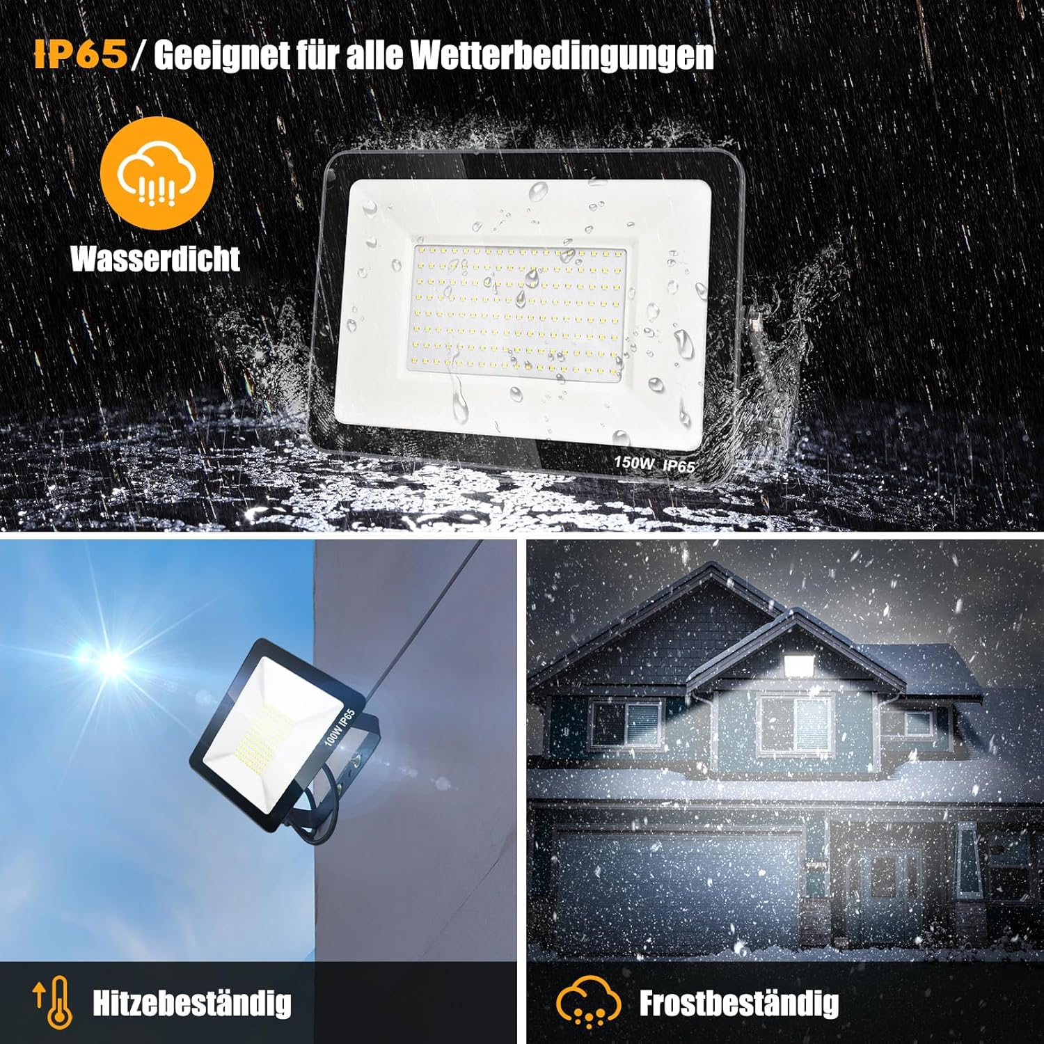 Zelvia 4 Stück 500W LED Strahler Außen 50000LM Superhell LED Strahler 6500K Kaltweiß Scheinwerfer Außen IP65 Wasserfest Fluter Außenstrahler für Sportplatz Garage Garten Hotel