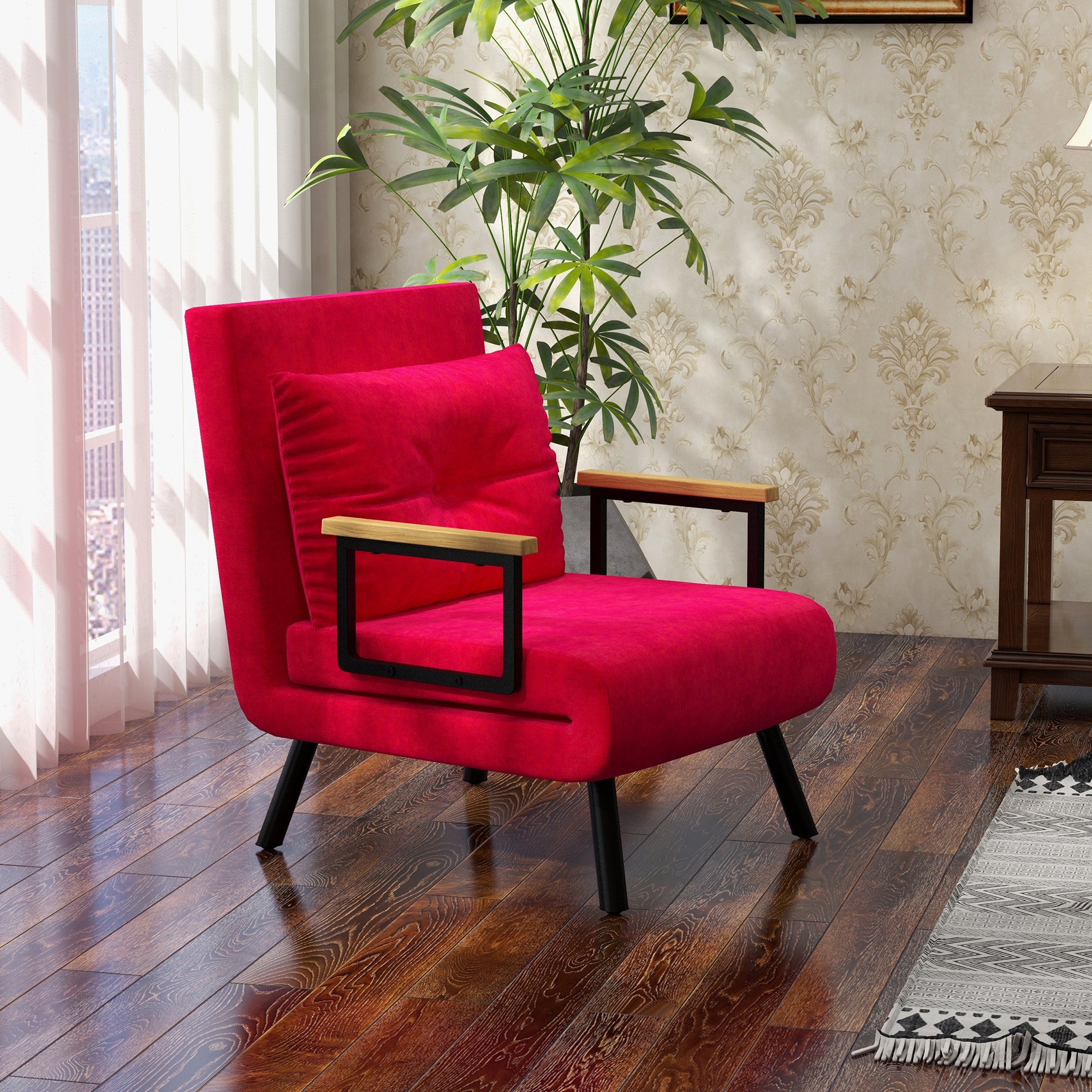 HOMCOM Schlafsessel 3 in 1 mit verstellbarer Rückenlehne und Kissen, samtartiger Stoff, 63x73x81 cm, Rot