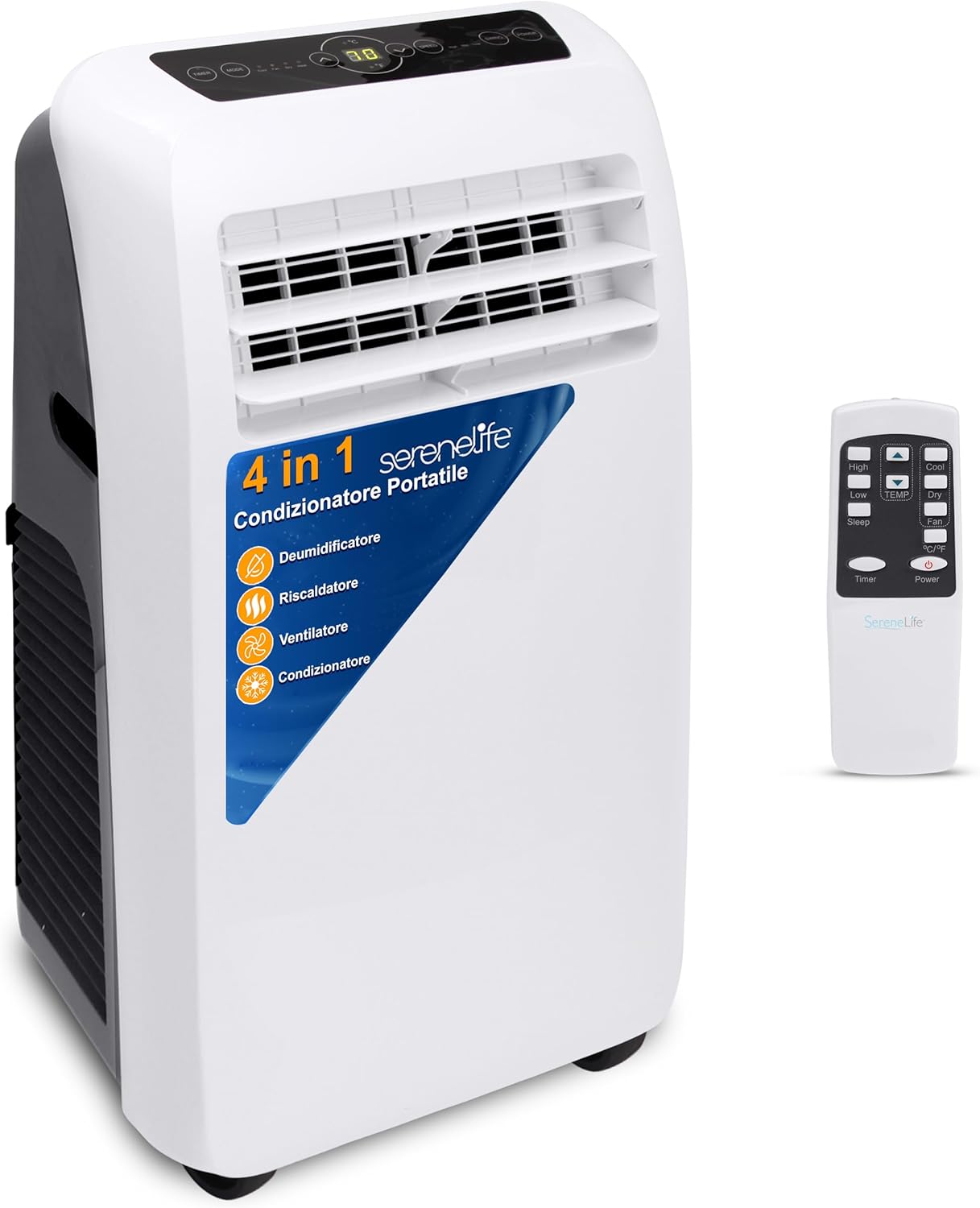 SereneLife SLPAC7EU Condizionatore Portatile 3-in-1, Deumidificatore Integrato, Ventilatore, Telecomando, Kit Scarico Finestra, 7,000 BTU, Classe A, 2.4 kg, 57 Decibel, Bianco, 900 W, Engineered ABS