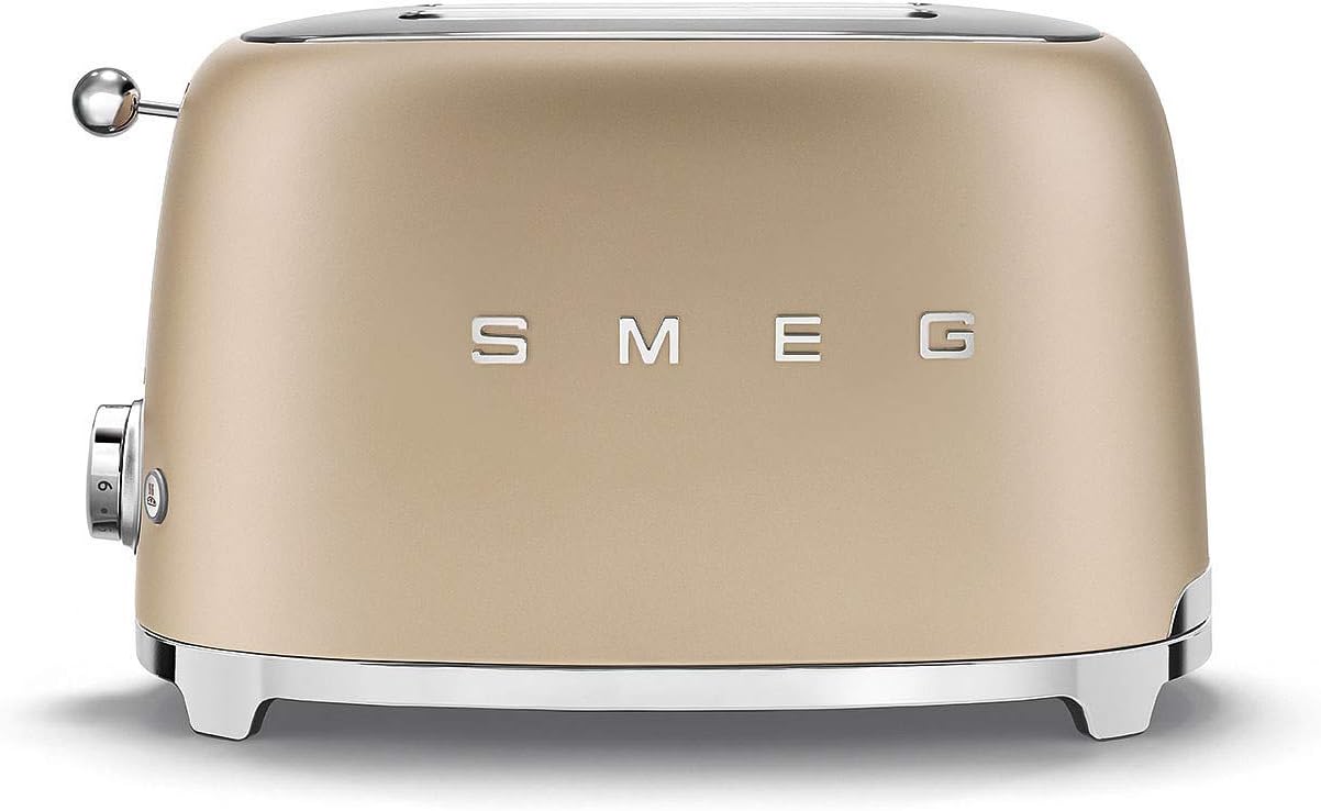 Smeg, Tostapane 2x2 TSF01CHMEU, 2 Scomparti da 36mm, 6 Livelli di Doratura, Funzione Riscaldamento, Scongelamento e Bagel, Espulsione Automatica del Pane, Cassetto Raccoglibriciole, 950W, Champagne