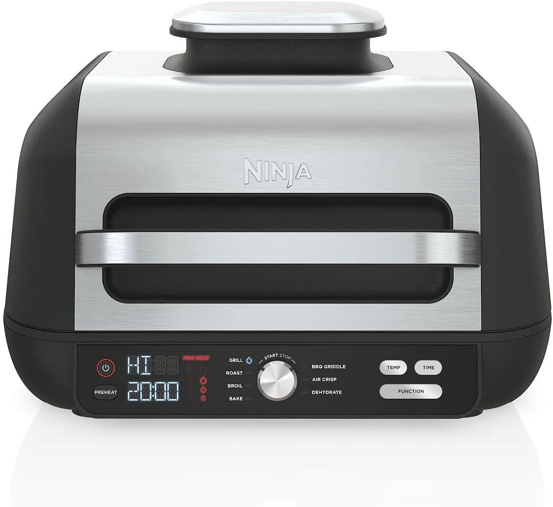Ninja Indoor Grill, Foodi Smart XL 6-in-1 Indoor Grill with Air Fry, Roast, Bake, Broil & Dehydrate, Smart Thermometer, Black/Silver, FG551