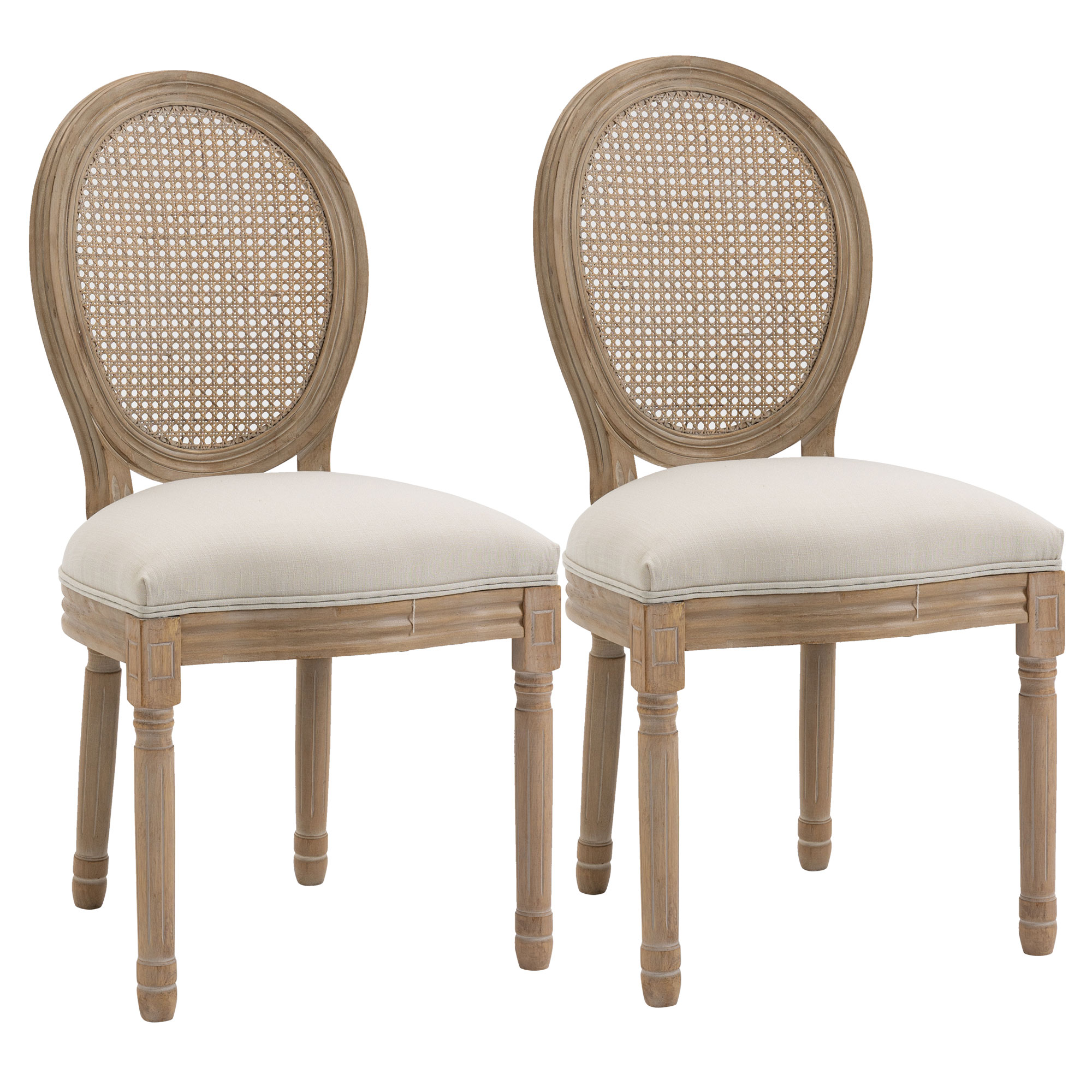 HOMCOM 2er-Set Küchenstühle Polsterstühle Wienergeflecht, Massivholz, 49 cm x 56 cm x 96 cm, Cremeweiß +Natur