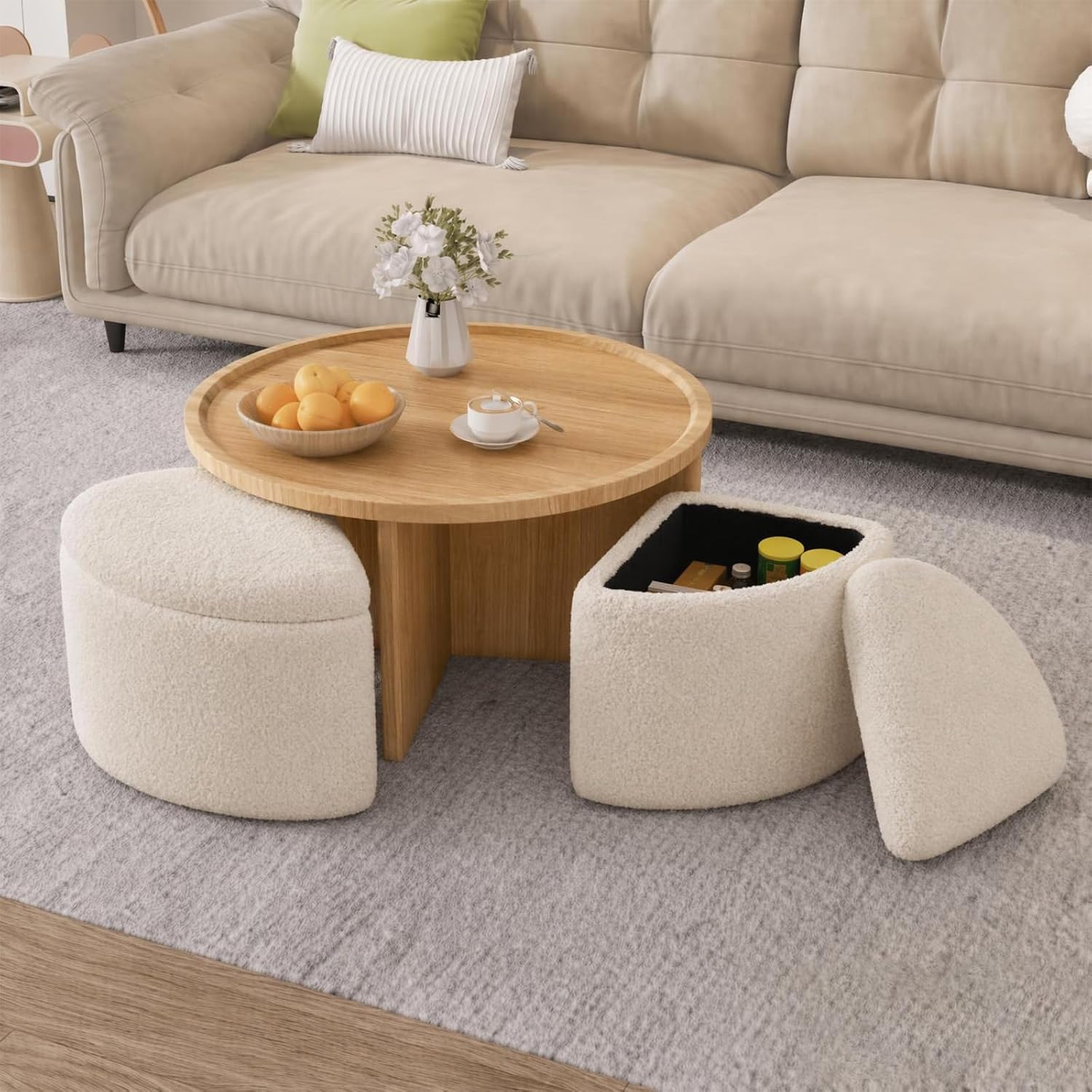 Runder Couchtisch mit 4 Hockern & Stauraum, 80 cm, platzsparend