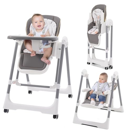 Seggiolone pieghevole 3 in 1 con imbracatura, con 4 ruote bloccabili, 5 posizioni reclinabili, sedia regolabile per neonati e bambini da 6 mesi a 3 anni : Prima infanzia