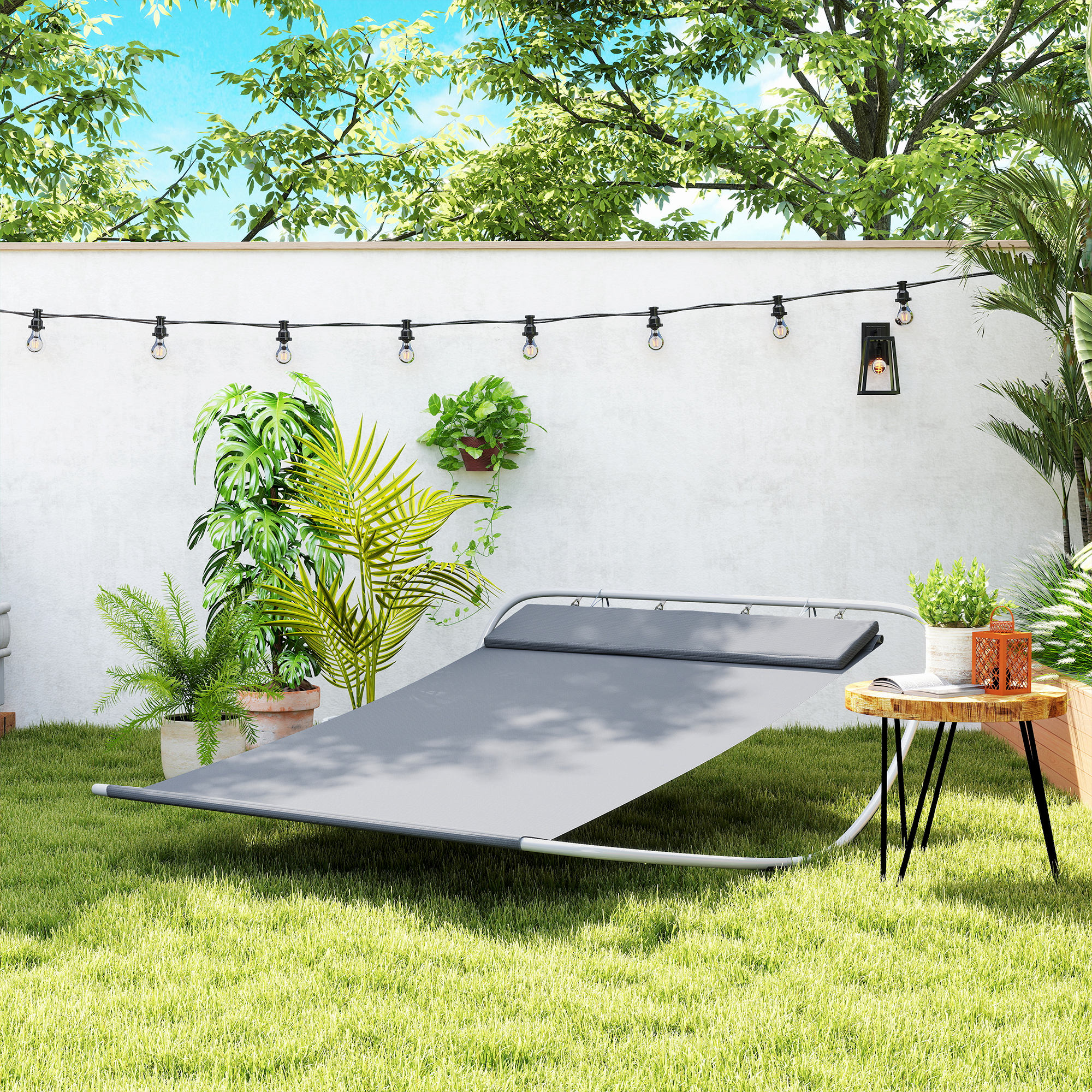 HOMCOM Sonnenliege für 2 Personen mit Schaukelfunktion und inkl. Kopfstütze für Garten, Pool, Terrasse, Abmessungen 2,12 x 1,75 x 0,6 m Grau