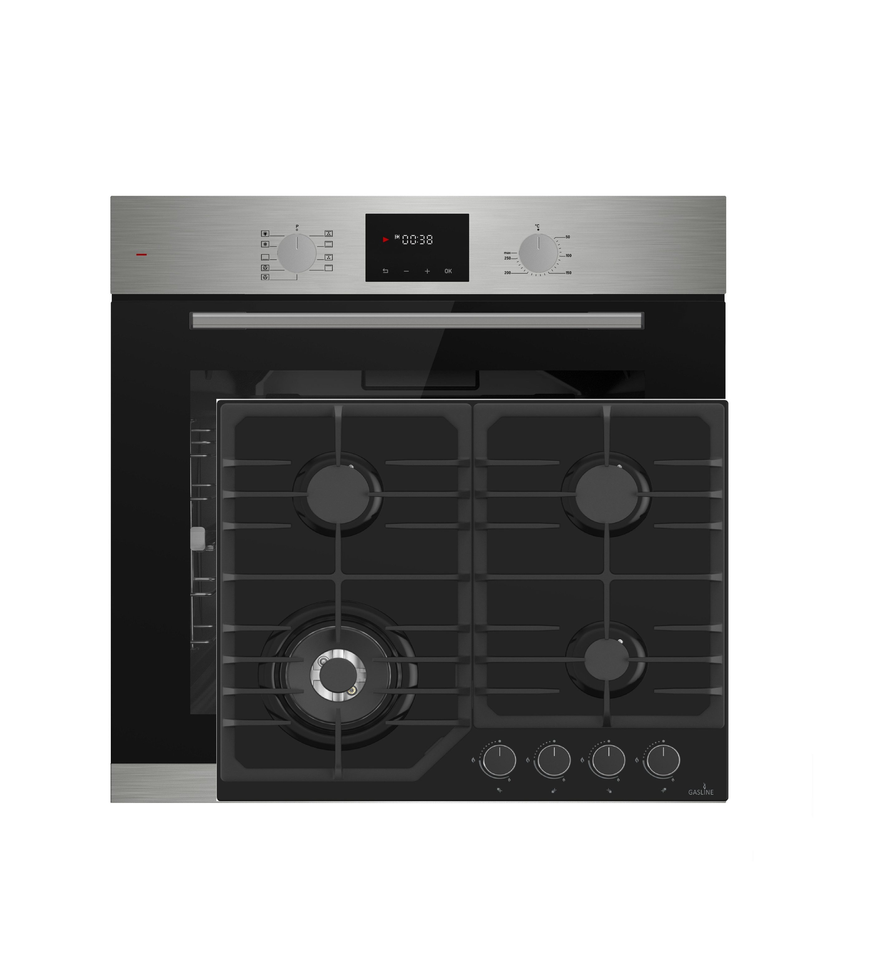 Elektro-Herd-Set Böhme Einbauherdset HB60F78PPX+Gaskochfeld 60cm Schwarz 4Brennern WOK
