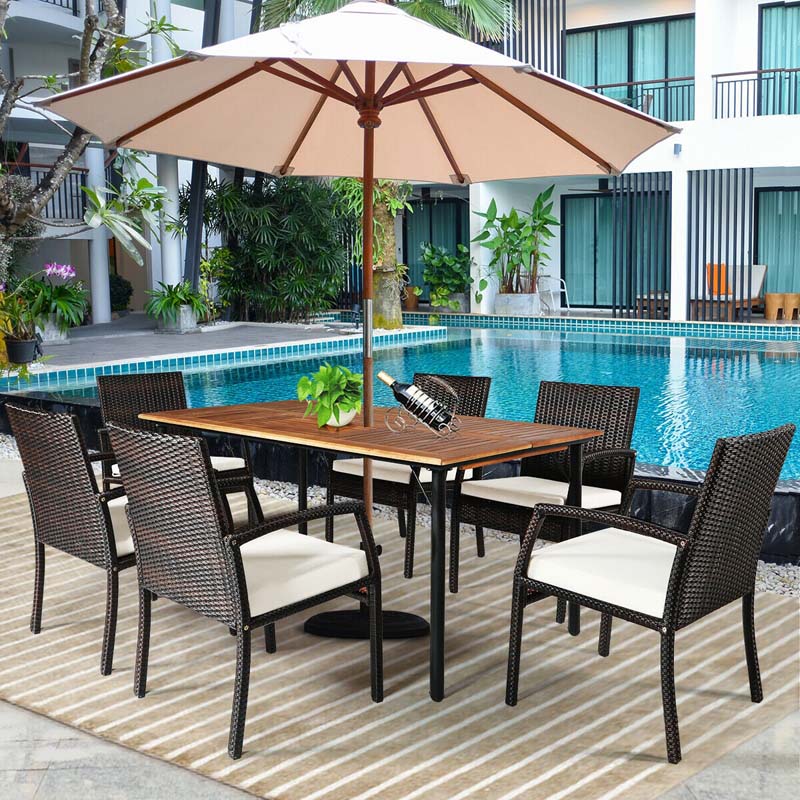 7 Pcs Rattan Patio Dining Set With Umbrella Hole Acacia Wood Tabletop Cushioned Chairs - High Quality Set For Everyday Use
