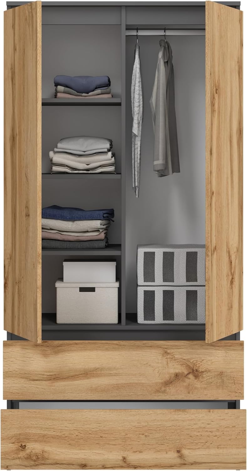Large Wardrobe with 2 Doors, 2 Drawers, 4 Shelves & Clothes Hanger, Multi-Purpose Wardrobe, 180 x 90 x 50.5 cm (Graphite/Wotan Oak)