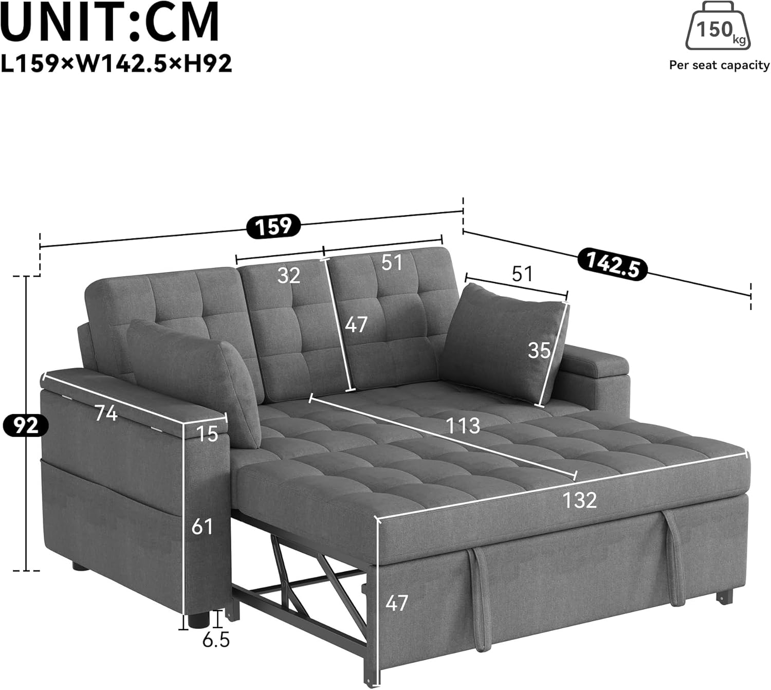 2-Sitzer Schlafsofa mit Stauraum und Verstellbarer Rückenlehne, Sofa mit Armlehnen-Staufächern und Kissen, Vielseitiges Klappsofa für Wohnzimmer, Schlafzimmer oder Wohnung (Grau)
