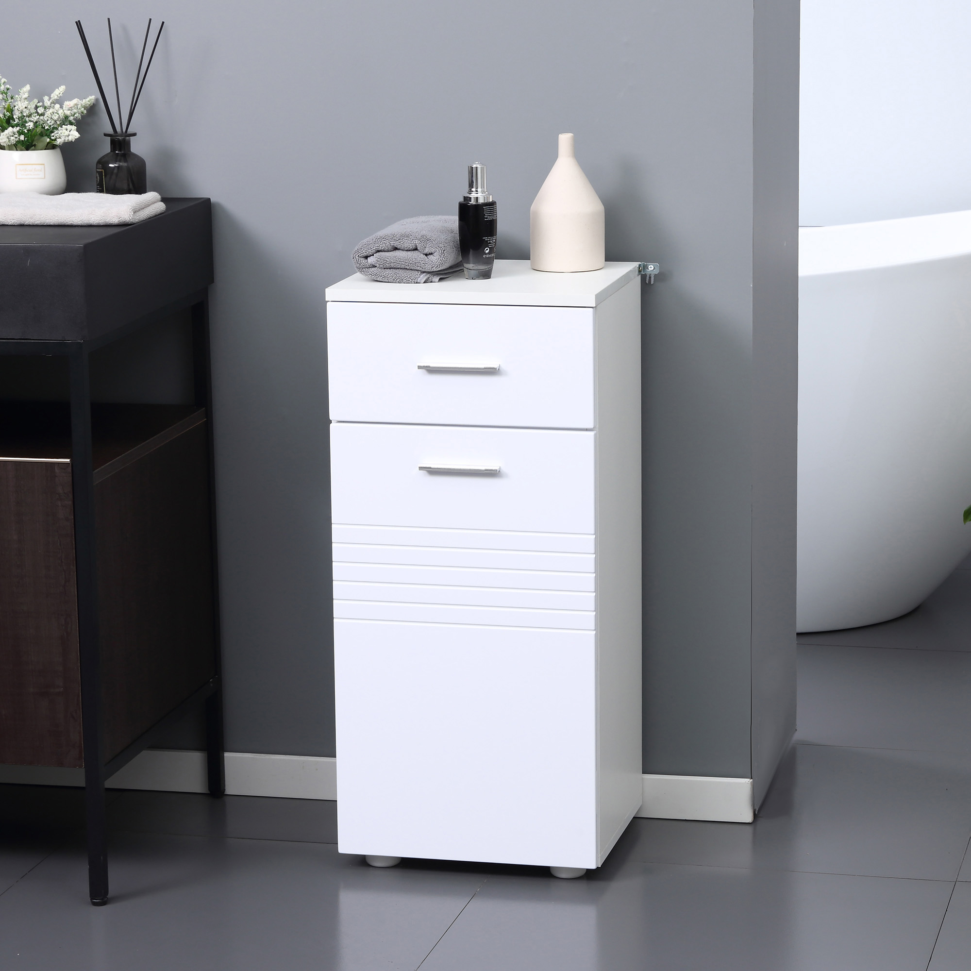 kleankin Badezimmerschrank Badschrank Multifunktionsschrank mit 1 Schublade 1 Türschrank Regal verstellbar Spanplatte Weiß 35 x 30 x 77,5 cm