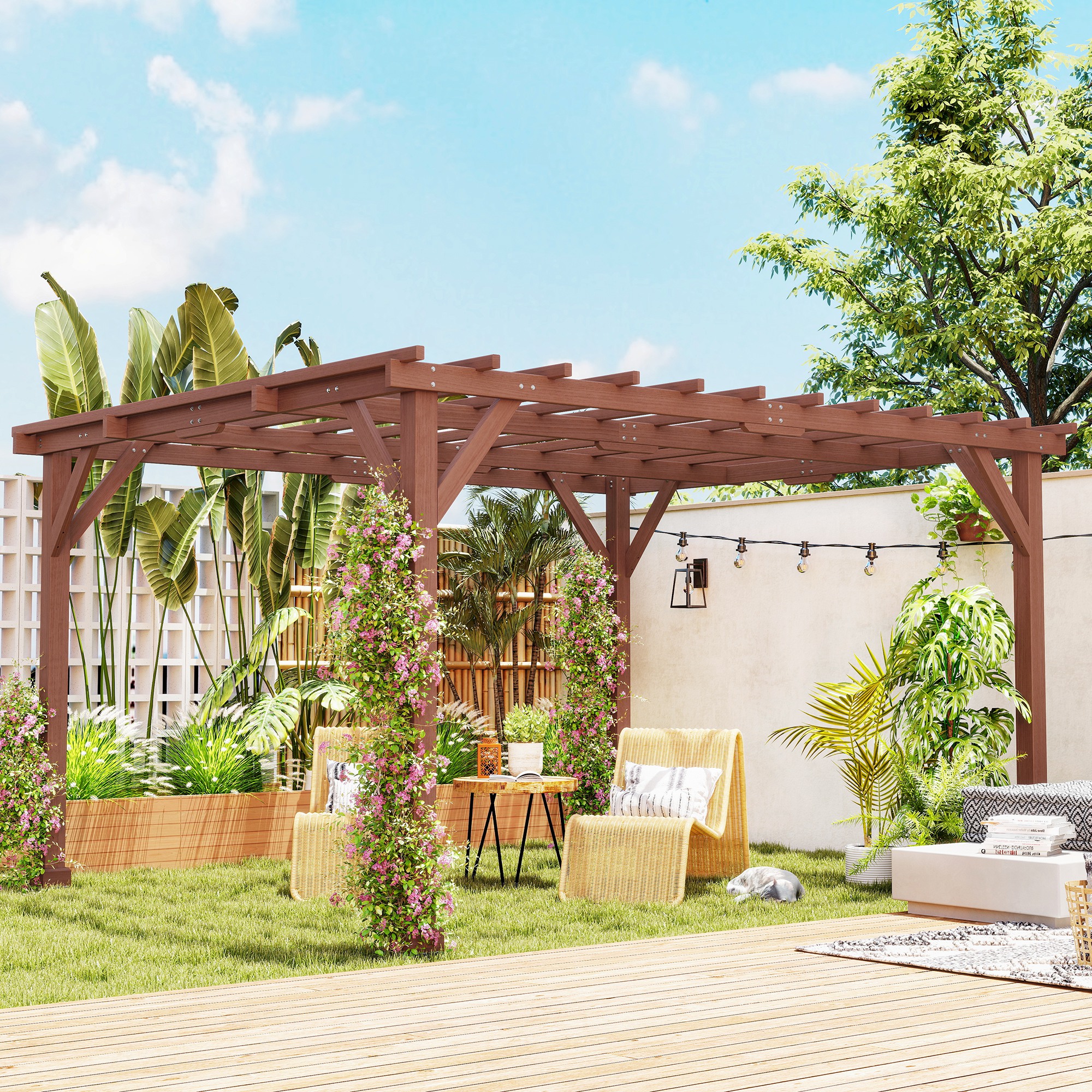 Outsunny Stabile Gartenlaube für Kletterpflanzen, Holzpergola, 3,3 x 3,8 m, Rankgitter für Weinreben und Blumen
