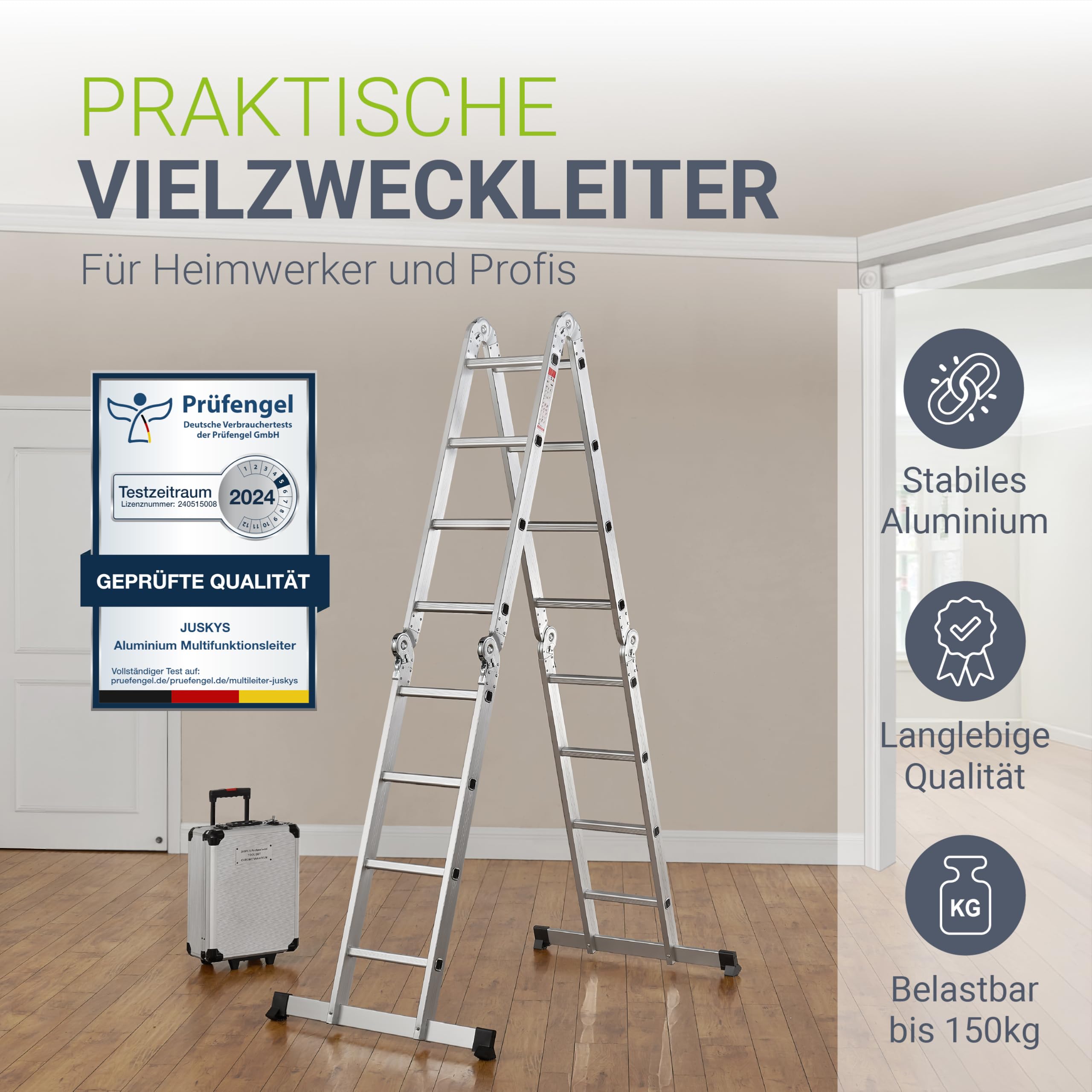 Juskys Aluminium Klappleiter 4x4 Stufen 4tlg bis 150 kg Multifunktionsleiter 4,7 m Stehleiter Anlegeleiter