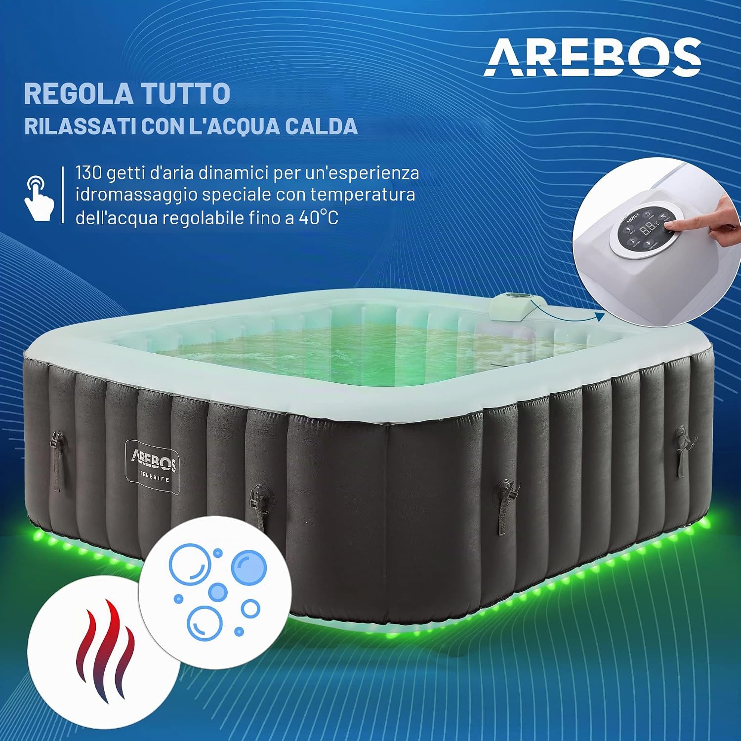 Arebos Vasca idromassaggio gonfiabile | 185x185cm | Gonfiabile automatico | 6 persone | striscia luminosa LED | 130 getti massaggianti | 910 litri | incl. copertura | Bubble Spa & Wellness Massaggio
