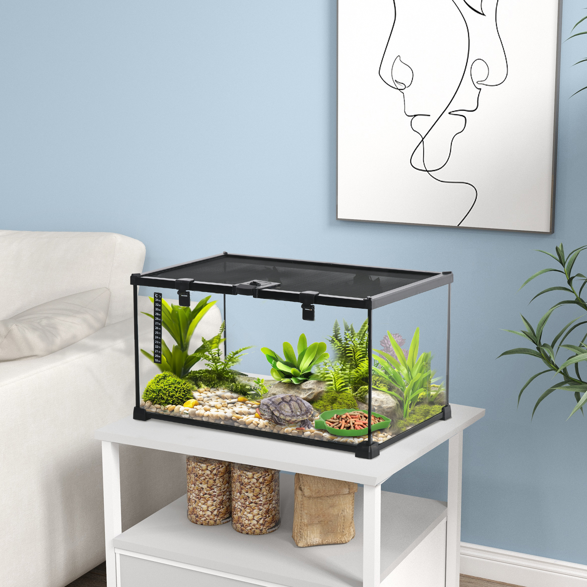 PawHut Reptilienbox Terrarium, inkl. Streifenthermometer, Fütterungsklappen, 50 cm x 30 cm x 25 cm, Glas + Metall, Schwarz