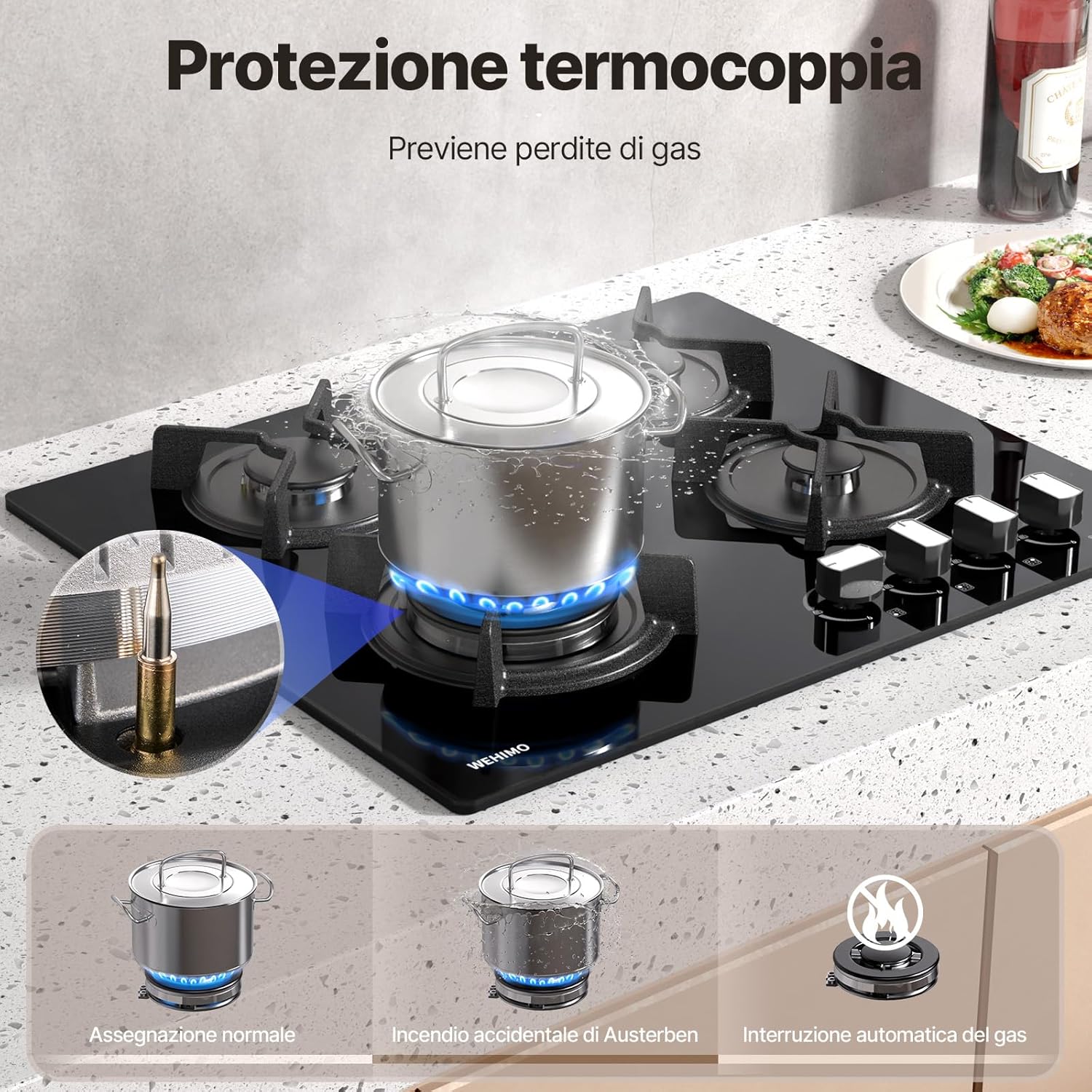 WEHIMO Piano Cottura a Gas 4 Fuochi da Incasso, 60cm, 7800W, Protezione Flame-Out, Gas Naturale/Propano/Butano, Vetro Nero