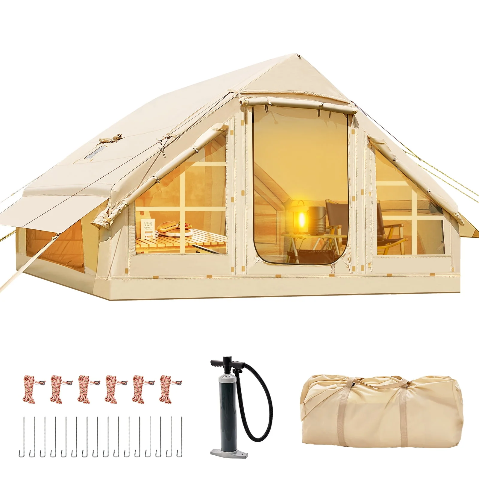 2025 6 Person Inflatable Camping Tent with Pump, 10ft x7ft Glamping Family Tent Easy Setup 4 Season Waterproof Windproof Outdoor Blow Up Tent Luxury Oxford Cabin with Mesh Windows & Doors sgtnighsdesigns
