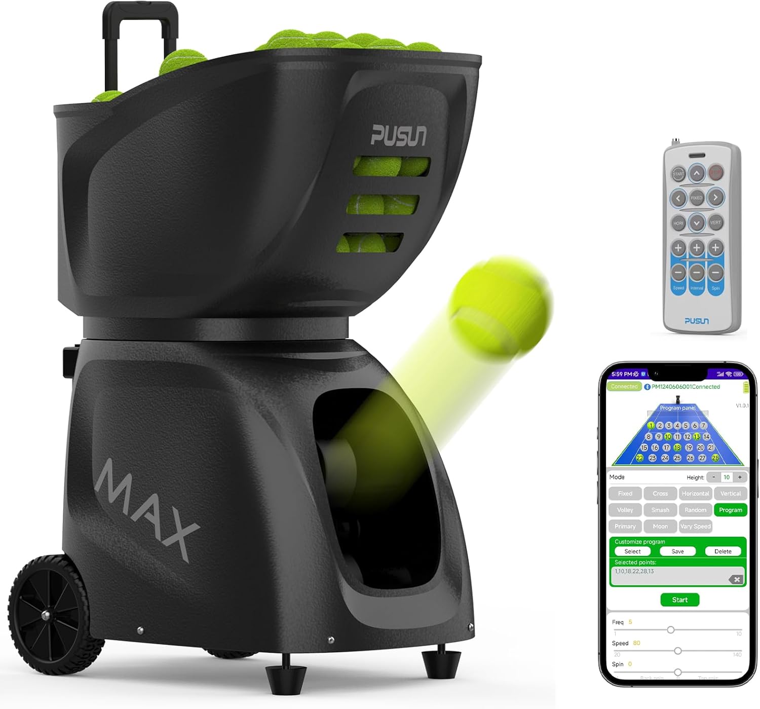 PT-MAX C Tennisballmaschine - Profi Ballwerfer mit APP-Steuerung (App für Watch), 28 Landepunkte & 26 Modi, Smart Trainer für alle Spielniveaus mit variablem System (5-7 Std.)