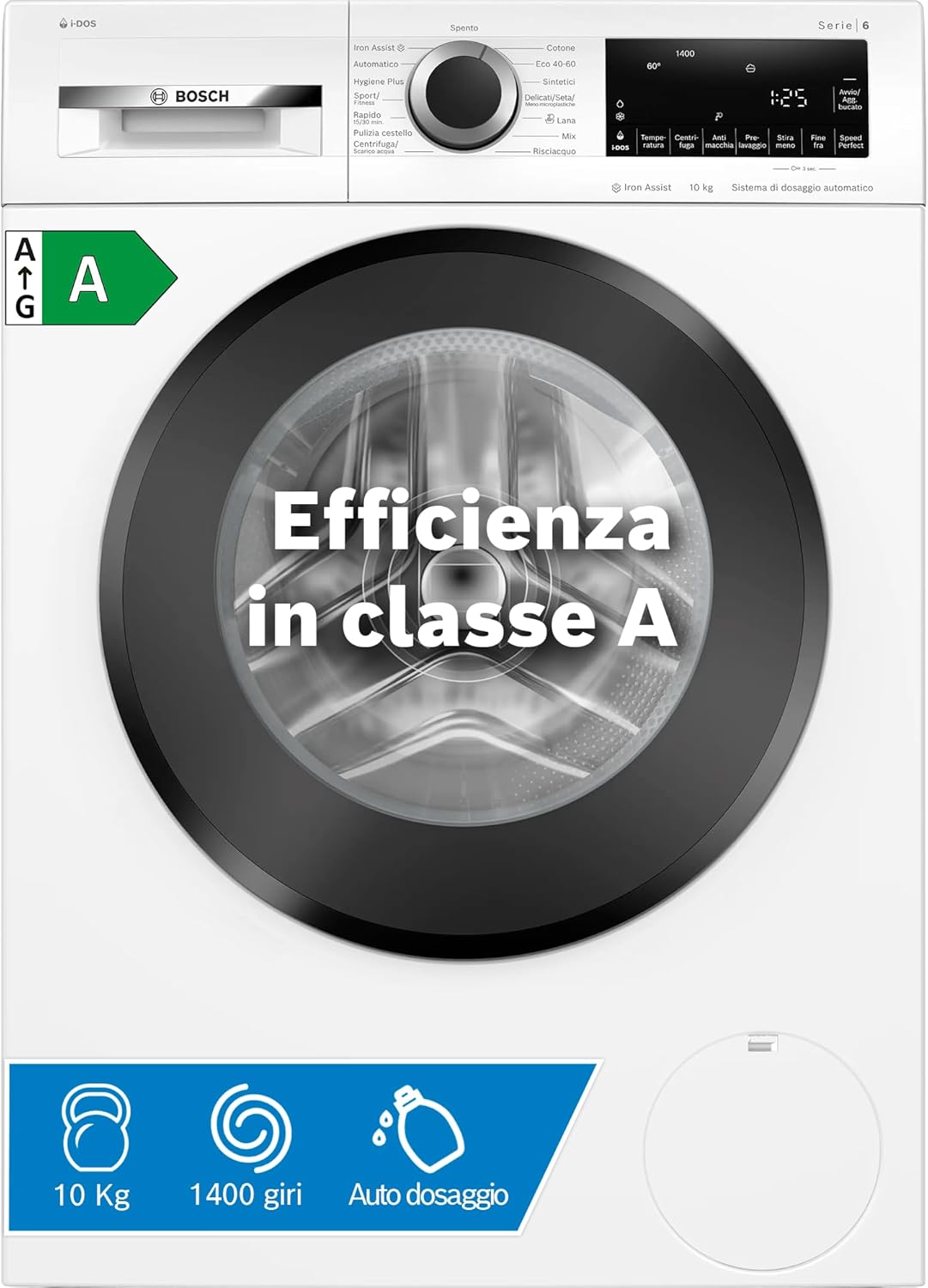 Bosch WAN28208II Serie 4 Lavatrice a carica frontale, 8 kg, 1400 giri, Classe energetica A, motore inverter con 10 anni di garanzia, riduce le pieghe e facilita la stiratura, Bianco, 60 Cm