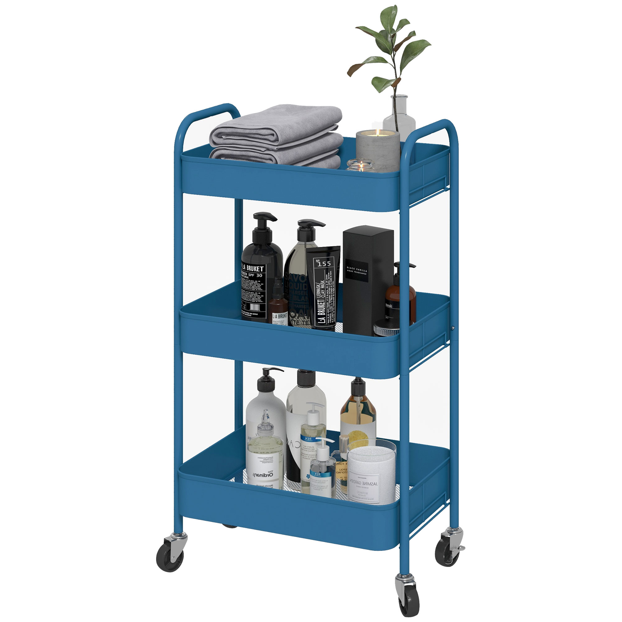 HOMCOM Servierwagen aus Stahl mit Rollen, 3 durchbrochene Platten, 45 x 30,6 x 79 cm, Dunkelblau