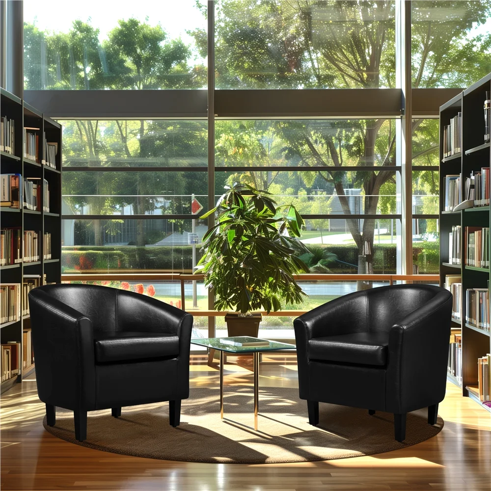 Renwick Faux Leather Barrel Accent Chair for Living Room, Set of 2, Black