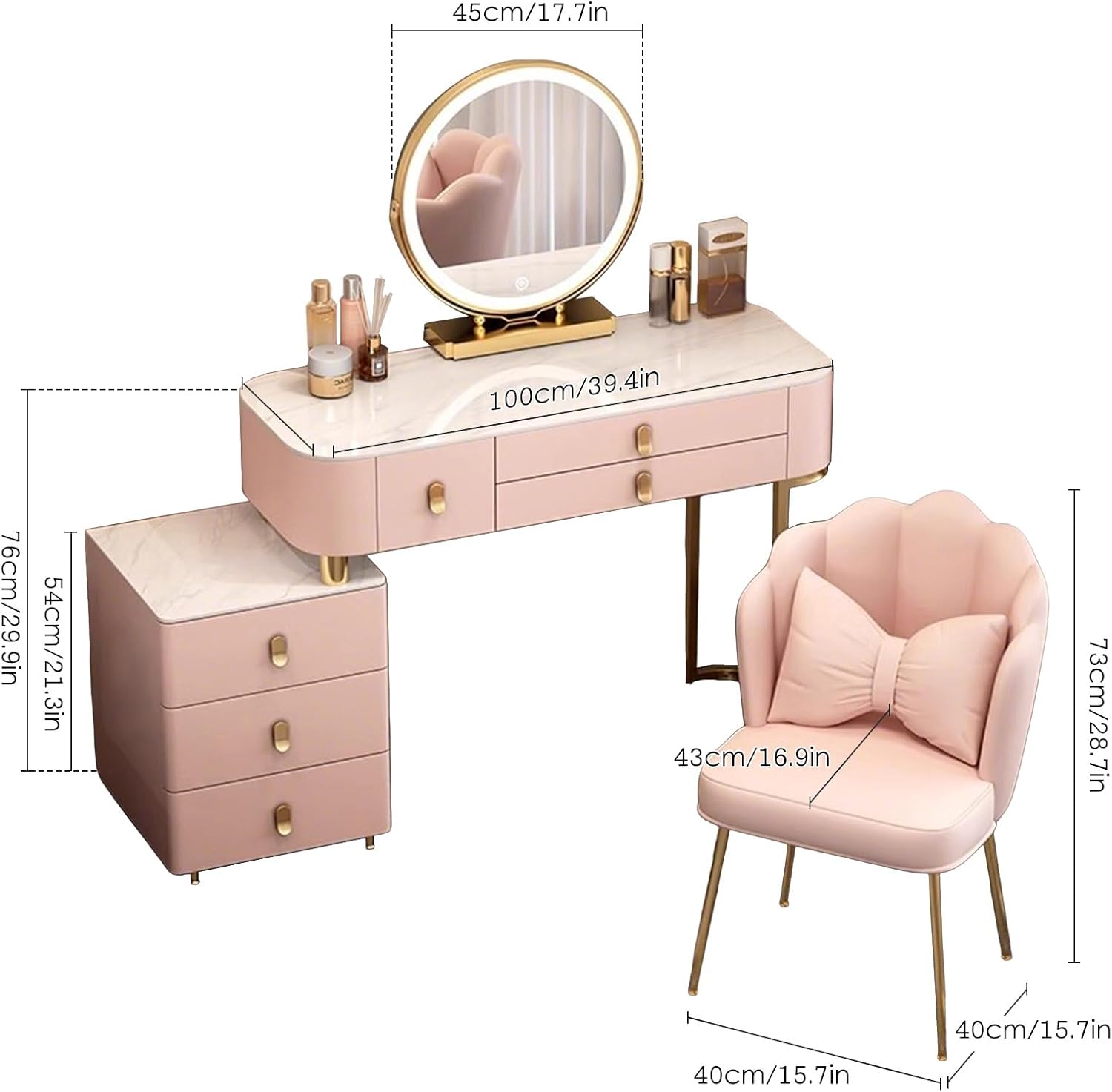 Makeup Vanity with LED Lights & Mirror, 3 Colors Adjustable Touch Light, 5 Drawers, Makeup Desk for Bedroom with Chair for Girl, Woman