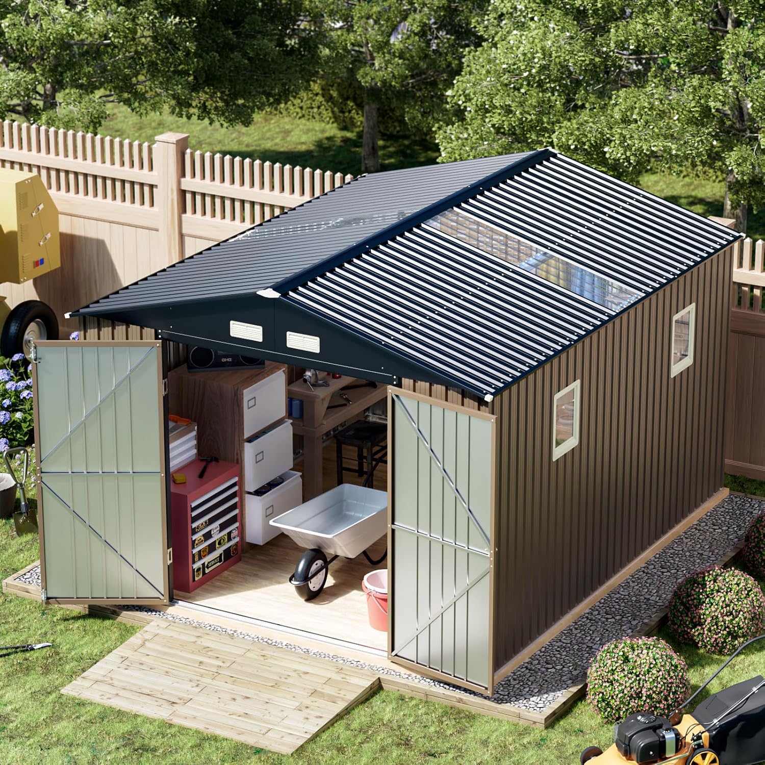 Breezz Outdoor Storage Shed 10 x 12ft. Utility Tool Shed Metal Storage Garden Shed with Lockable Doors  Windows & Metal Frame Floor for Patio Storage Brown