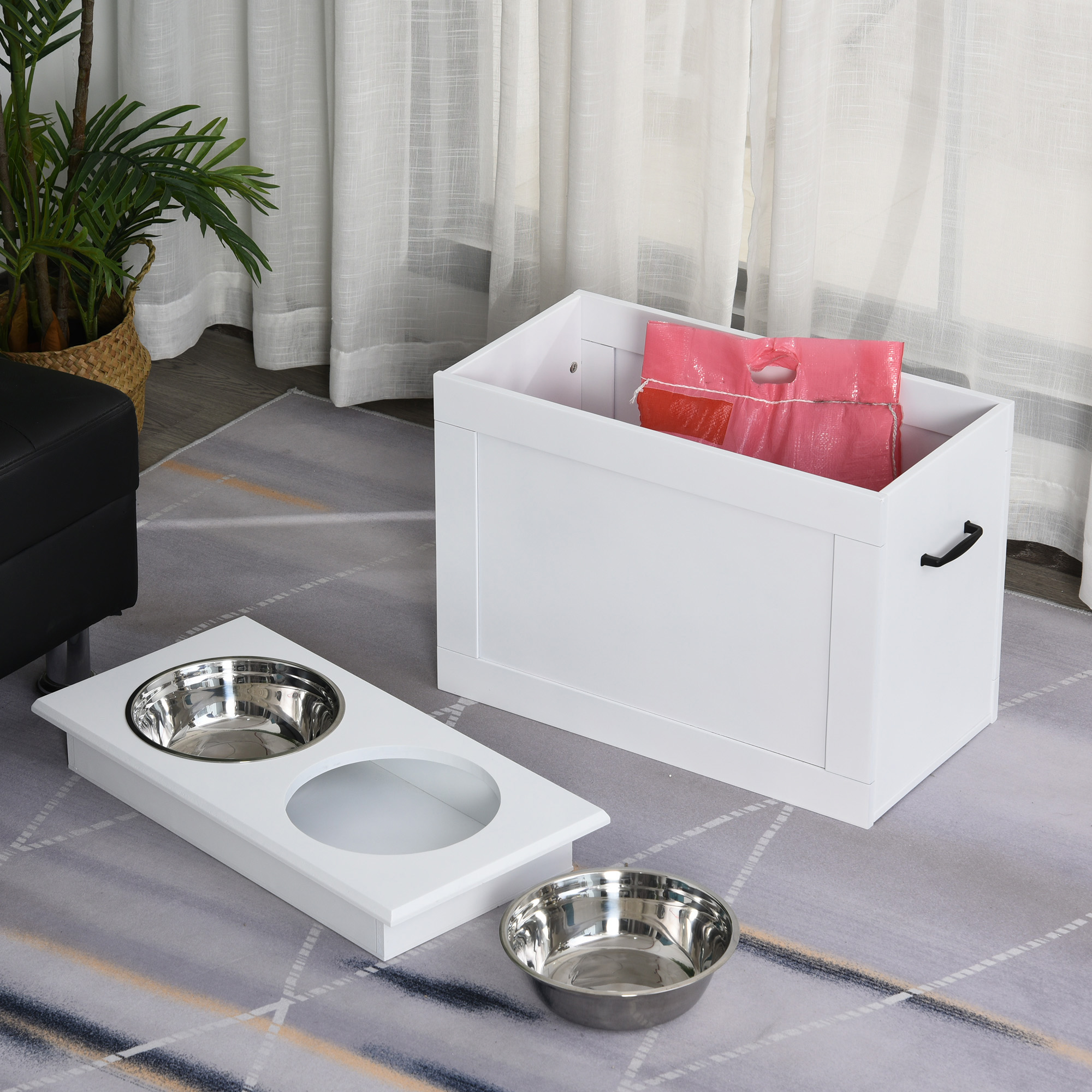 PawHut Erhöhter Hundenapf Futternapf mit Staumraum Wassernapf 2 x 2000ml Edelstahlnäpfen Hundenäpfe Fressnapf Futterstation für Hunde Katzen Weiß