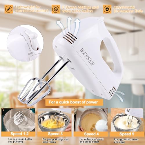 WEPSEN Set di ciotole elettriche per miscelare a mano, 5 velocità, miscelatore portatile con 5 ciotole di miscelazione in acciaio inossidabile a nidificazione, misurini cucchiai da 200 W frullatore da : Amazon.it: Casa e cucina